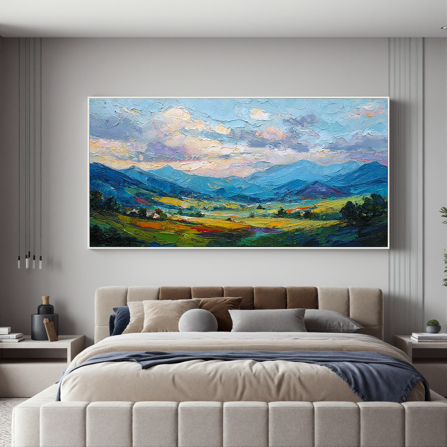 Large Colorful Mountain Landscape Oil Painting – Textured Panorama Canvas Wall Art for Living Room#OA 0888