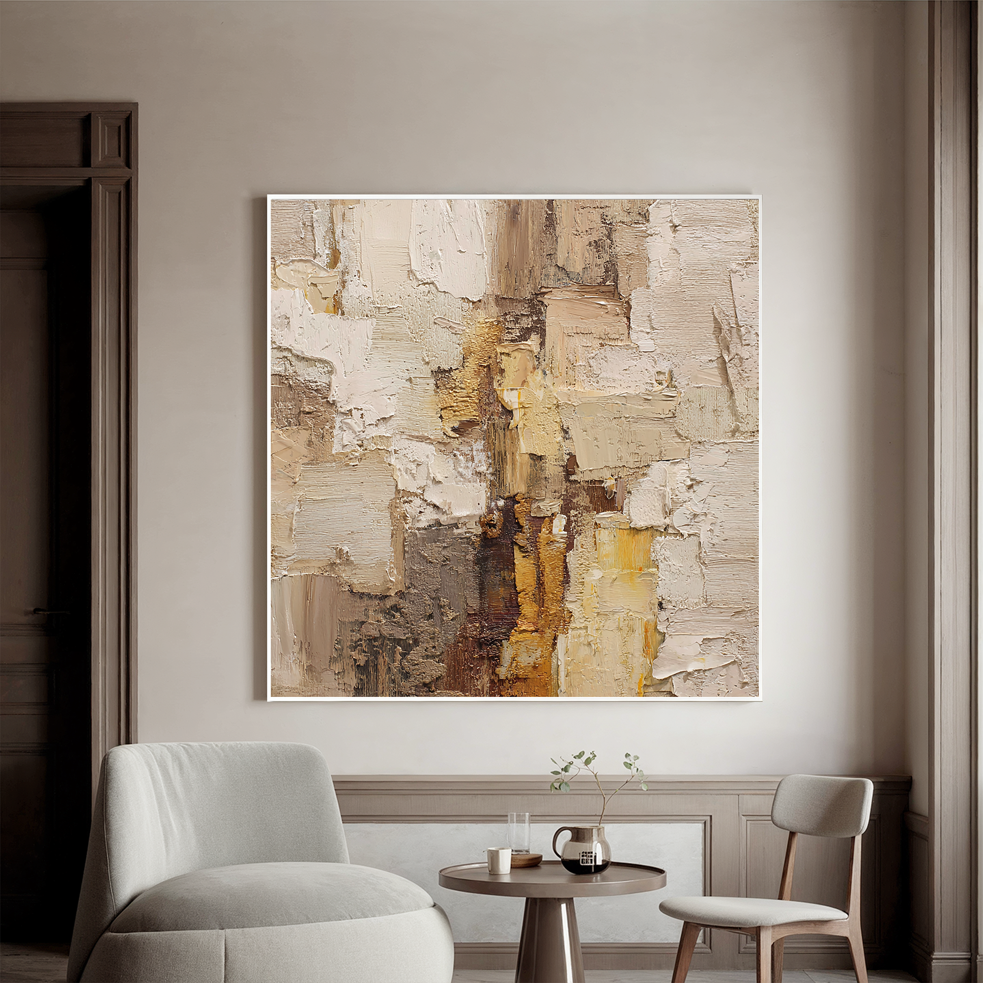 Warm Neutral Textured Abstract Wall Art – Beige and Gold Canvas Painting for Modern Living Room Decor#OA 824