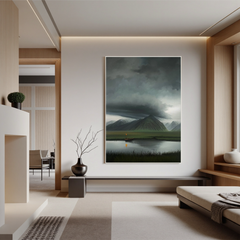 Moody Mountain Lake Wall Art with Boat and Lantern, Dramatic Storm Cloud Landscape Canvas for Living Room Decor #OA 0747