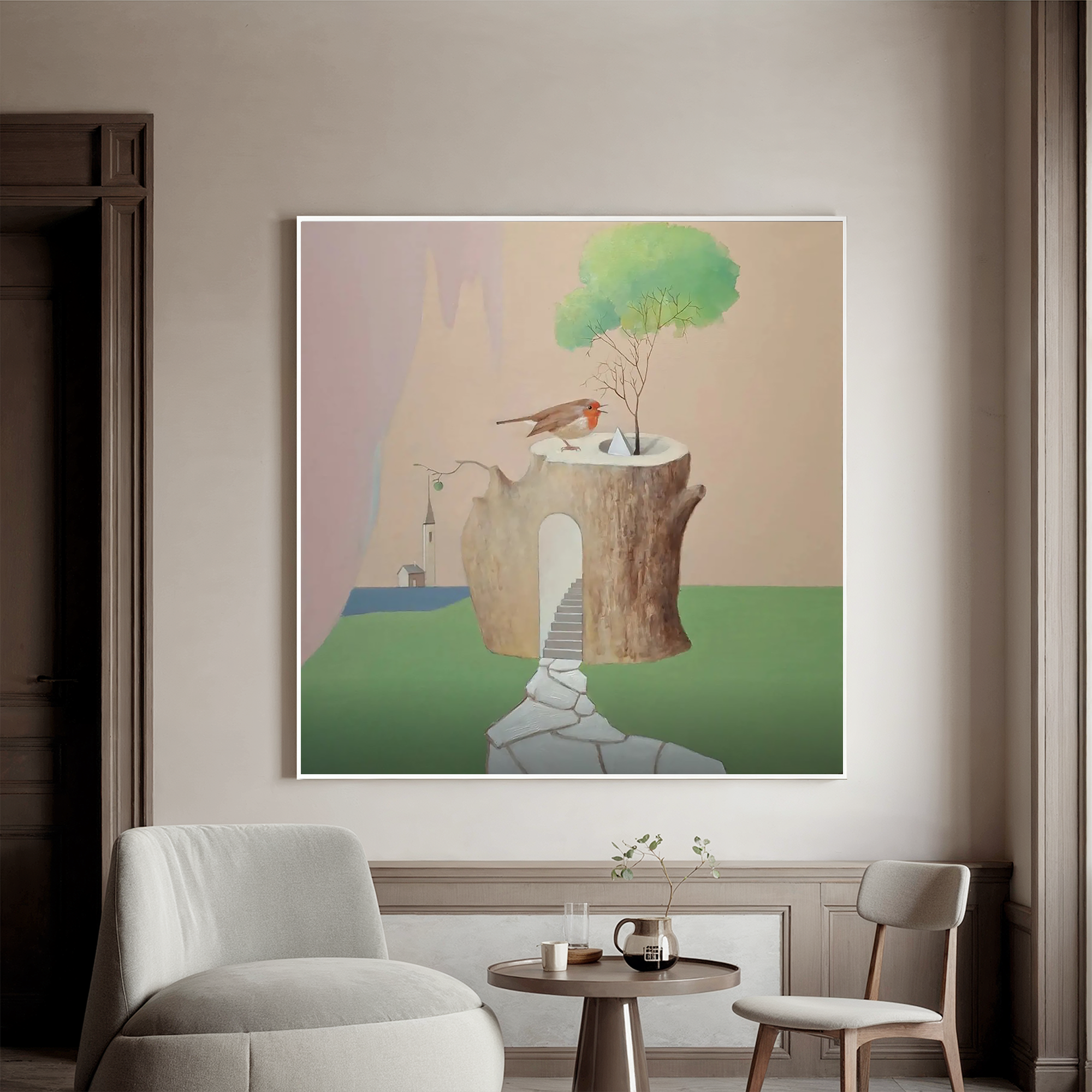 Bird on the Tree House-Surreal Tree House Bird Wall Art