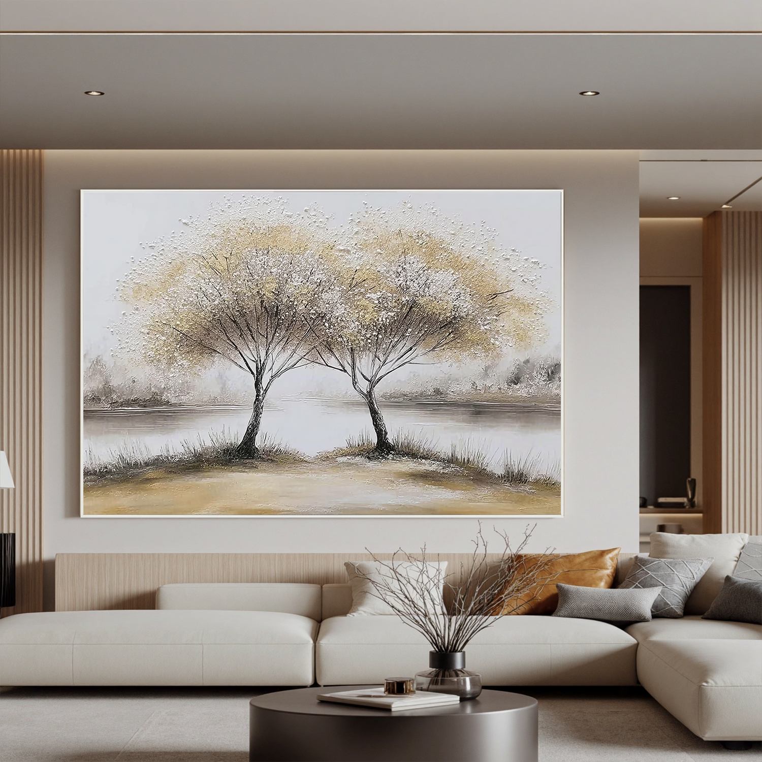 Lakeside Tree Wall Art, Neutral Twin Trees Landscape Canvas Painting for Living Room Décor #OA 0421