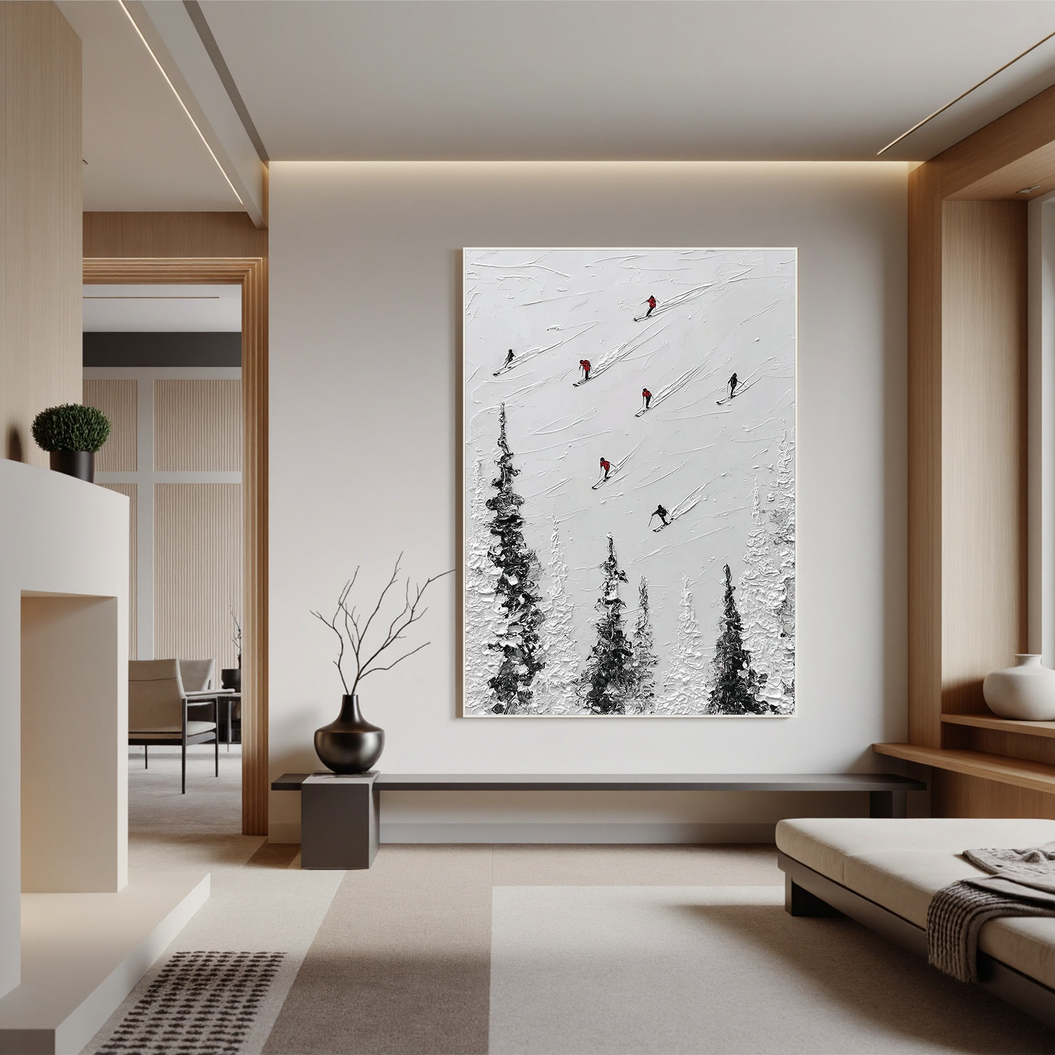 Skiing Oil Painting, Minimalist Snow Mountain Wall Art for Living Room Decor#OA 0561