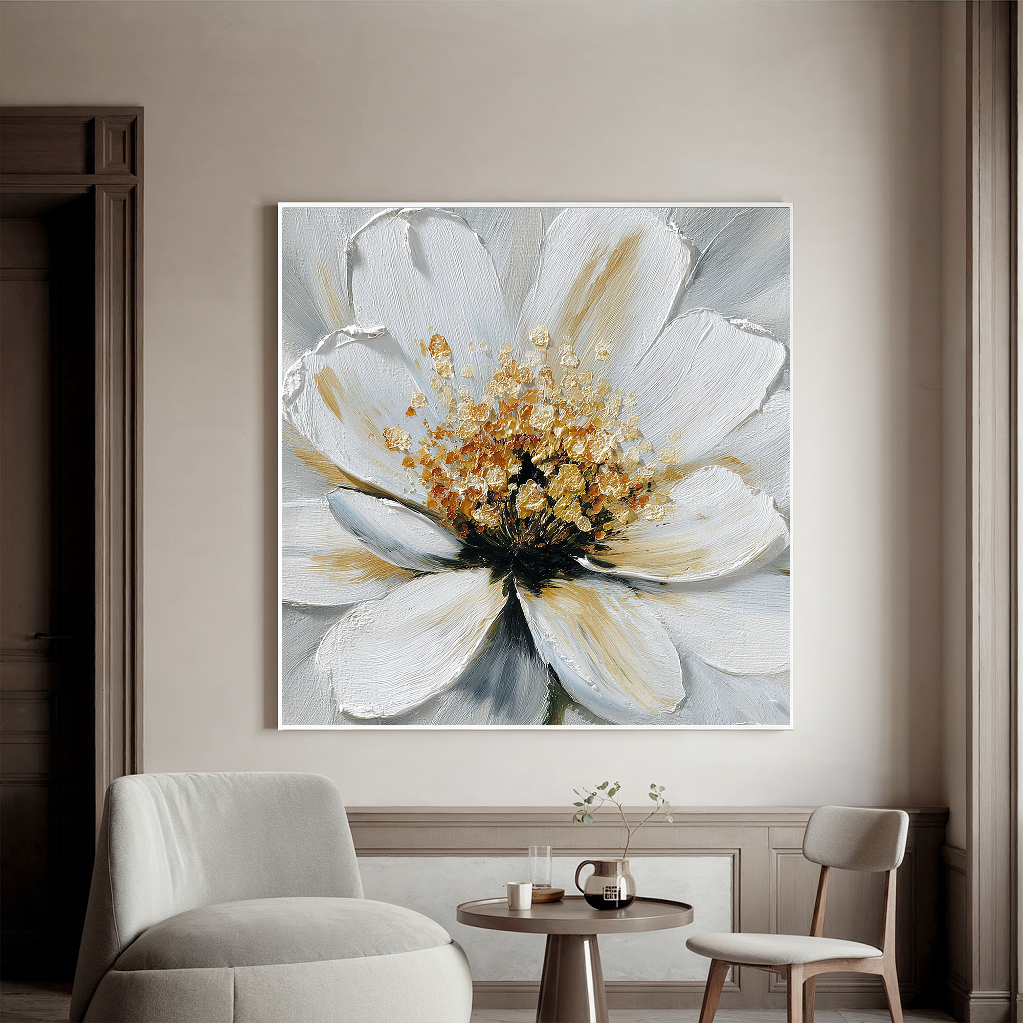 White Flower Canvas Wall Art – Elegant Floral Painting with Gold Texture for Modern Home Decor#OA 0847