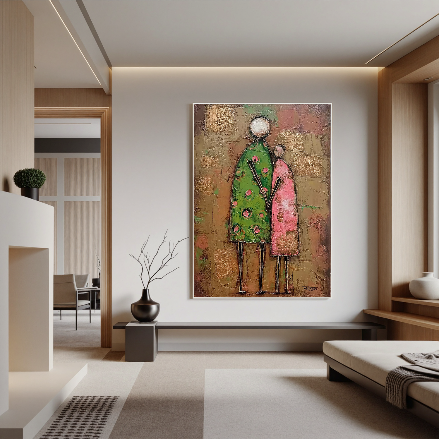 Abstract Family Figure Oil Painting, Textured Mother and Child Wall Art for Living Room Decor#OA 0516