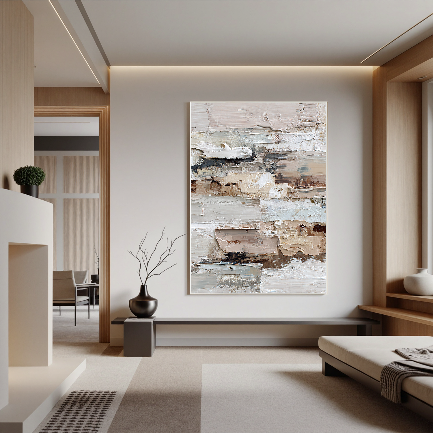 Light Neutral Textured Abstract Wall Art – Beige and White Minimalist Canvas Painting for Modern Living Room Decor#OA 826