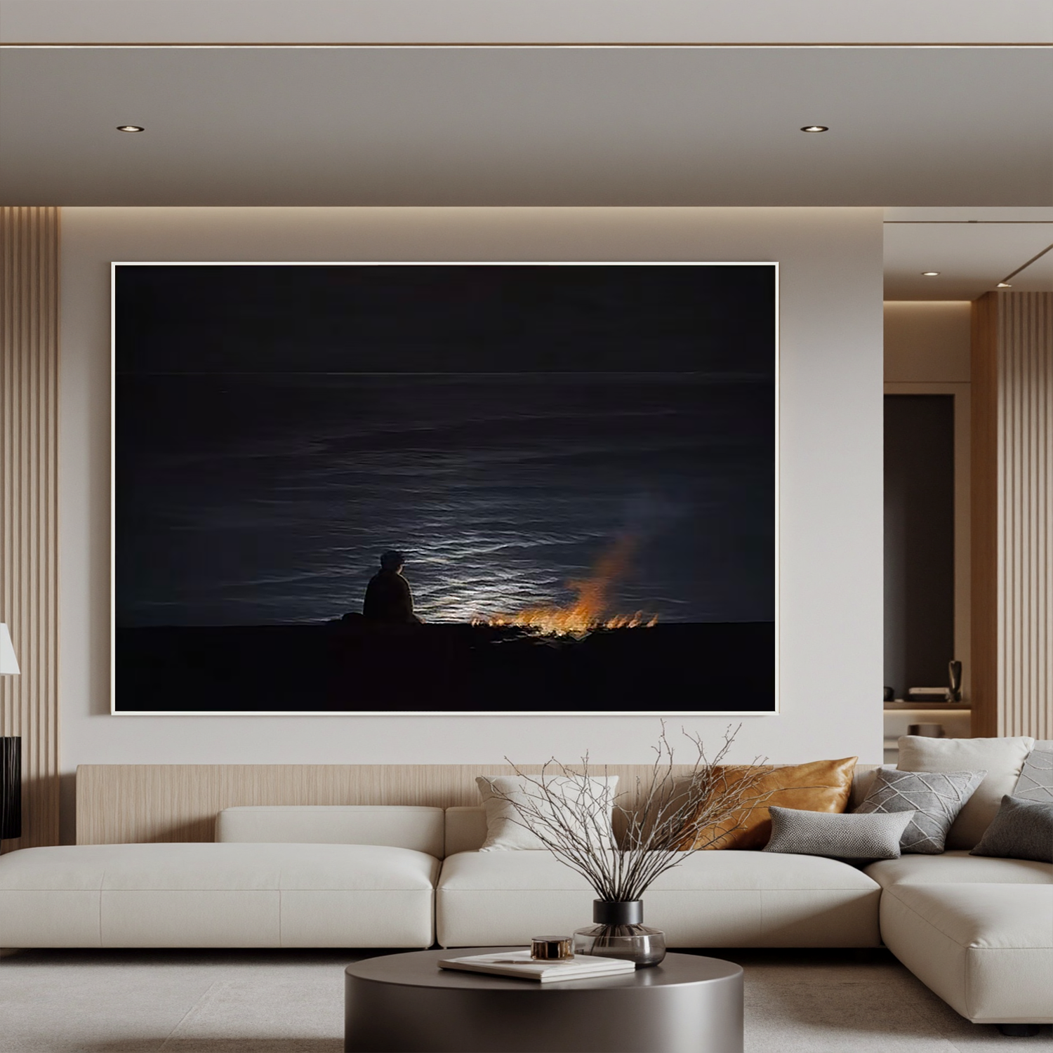 Moonlit Seascape Wall Art, Solitary Figure by Bonfire at Night Ocean Canvas Painting for Living Room Decor #OA 0730