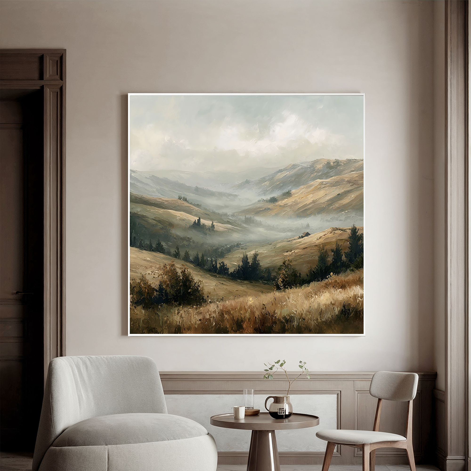 Misty Mountain Valley Landscape Painting – Neutral Rustic Wall Art#OA 0898