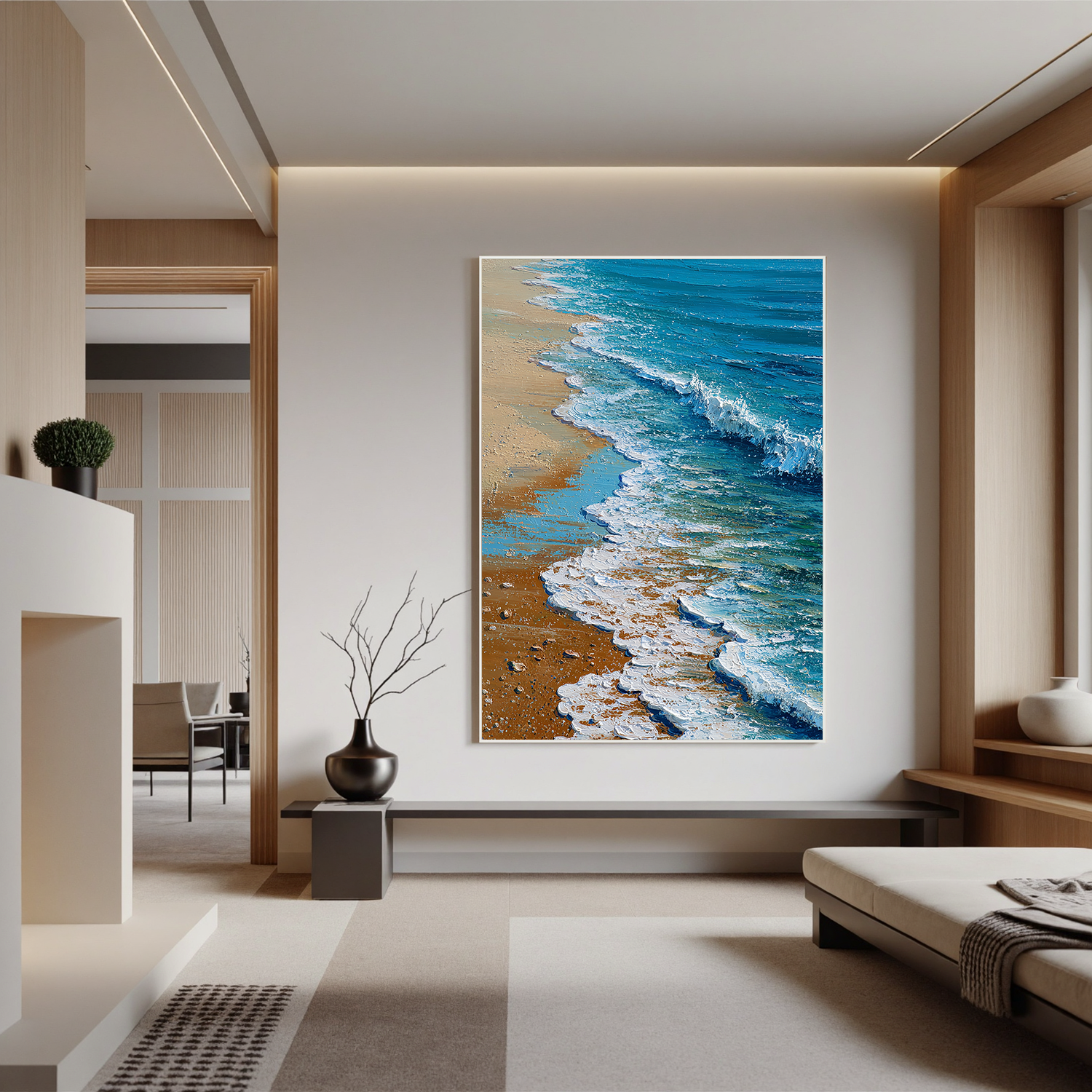 Coastal Beach Wave Wall Art – Blue Ocean Textured Canvas Painting for Modern Living Room Decor#OA 0831