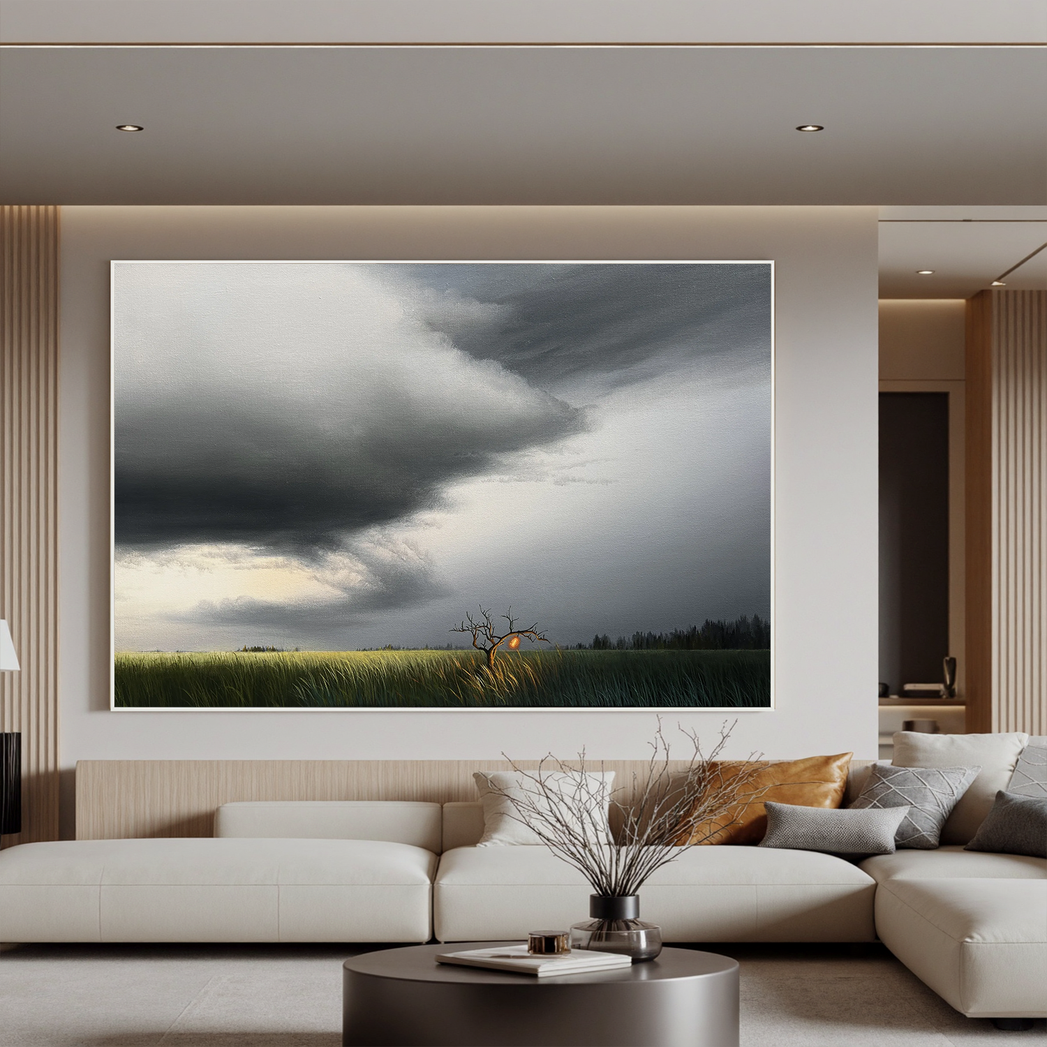 Dramatic Stormy Sky Landscape Wall Art with Glowing Tree, Moody Panoramic Field Canvas for Living Room Decor #OA 0736