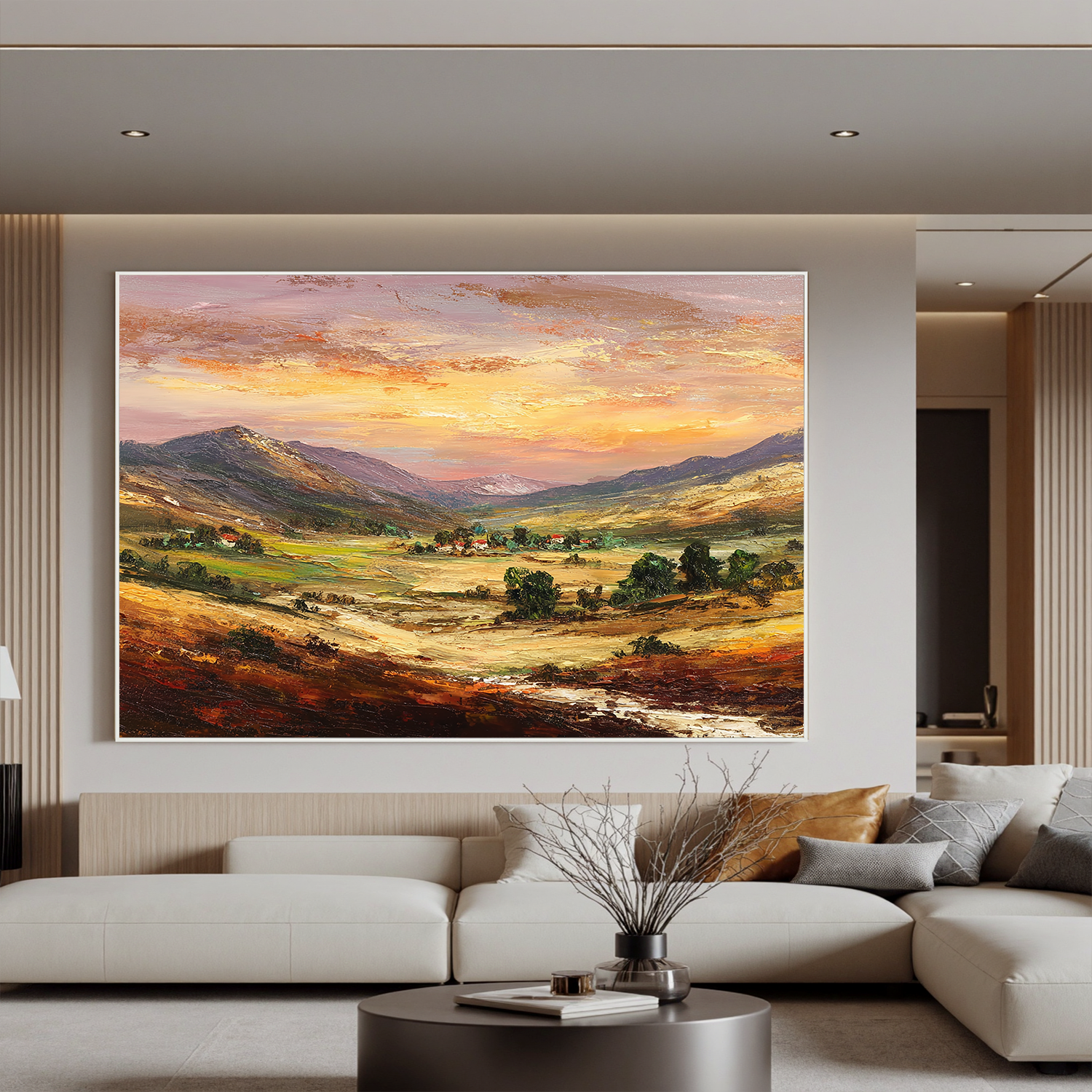 Large Sunset Mountain Landscape Canvas Wall Art – Warm Valley Oil Painting for Living Room Decor#OA 0885