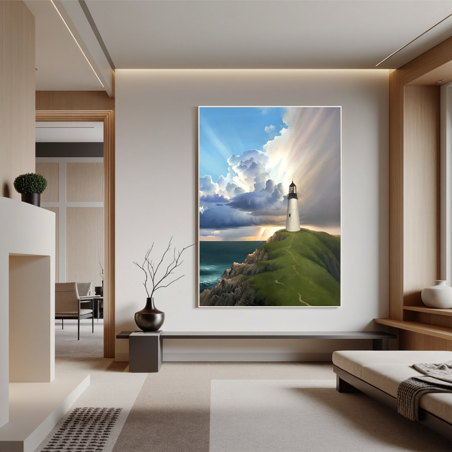 Coastal Lighthouse Wall Art, Dramatic Seascape Canvas Painting with Sun Rays for Living Room Decor #OA 0762