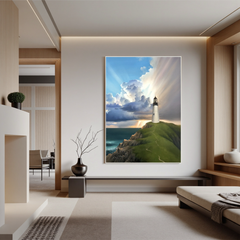 Coastal Lighthouse Wall Art, Dramatic Seascape Canvas Painting with Sun Rays for Living Room Decor #OA 0762
