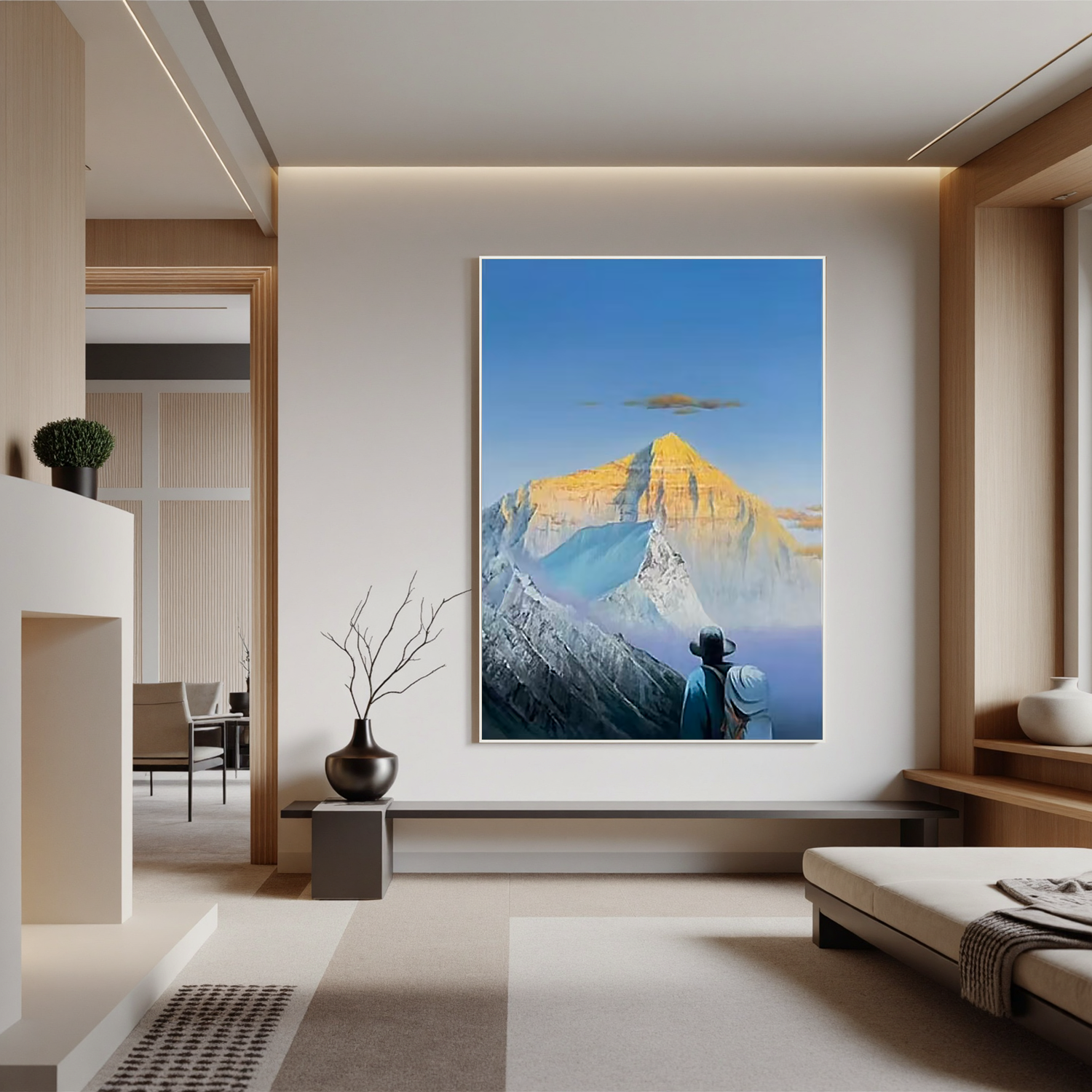 Golden Sunrise Snow Mountain Wall Art, Majestic Alpine Landscape Canvas Painting with Explorer for Living Room Decor #OA 0770