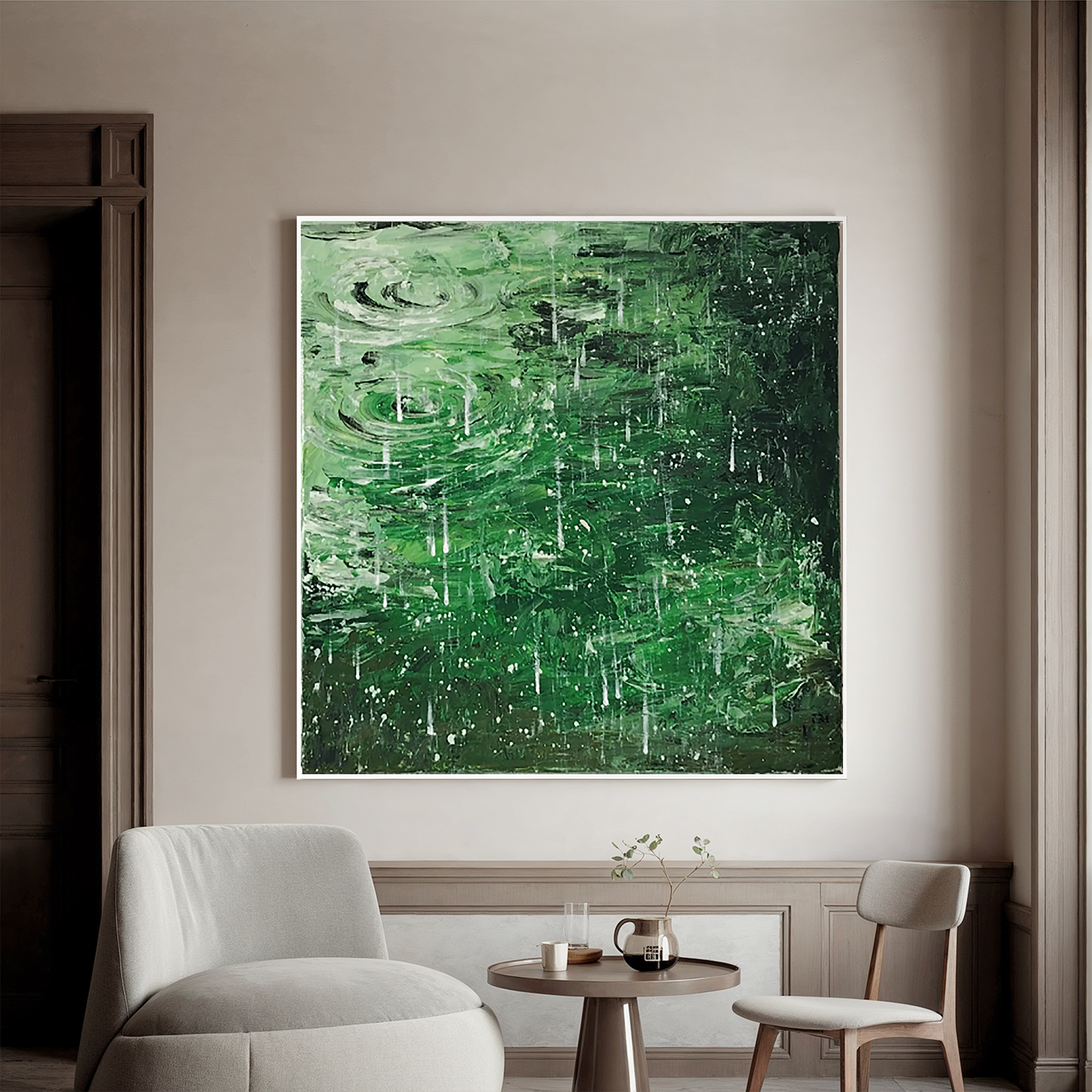 Dark Green Rain Ripple Oil Painting, Abstract Water Wall Art for Living Room Decor#OA 0612