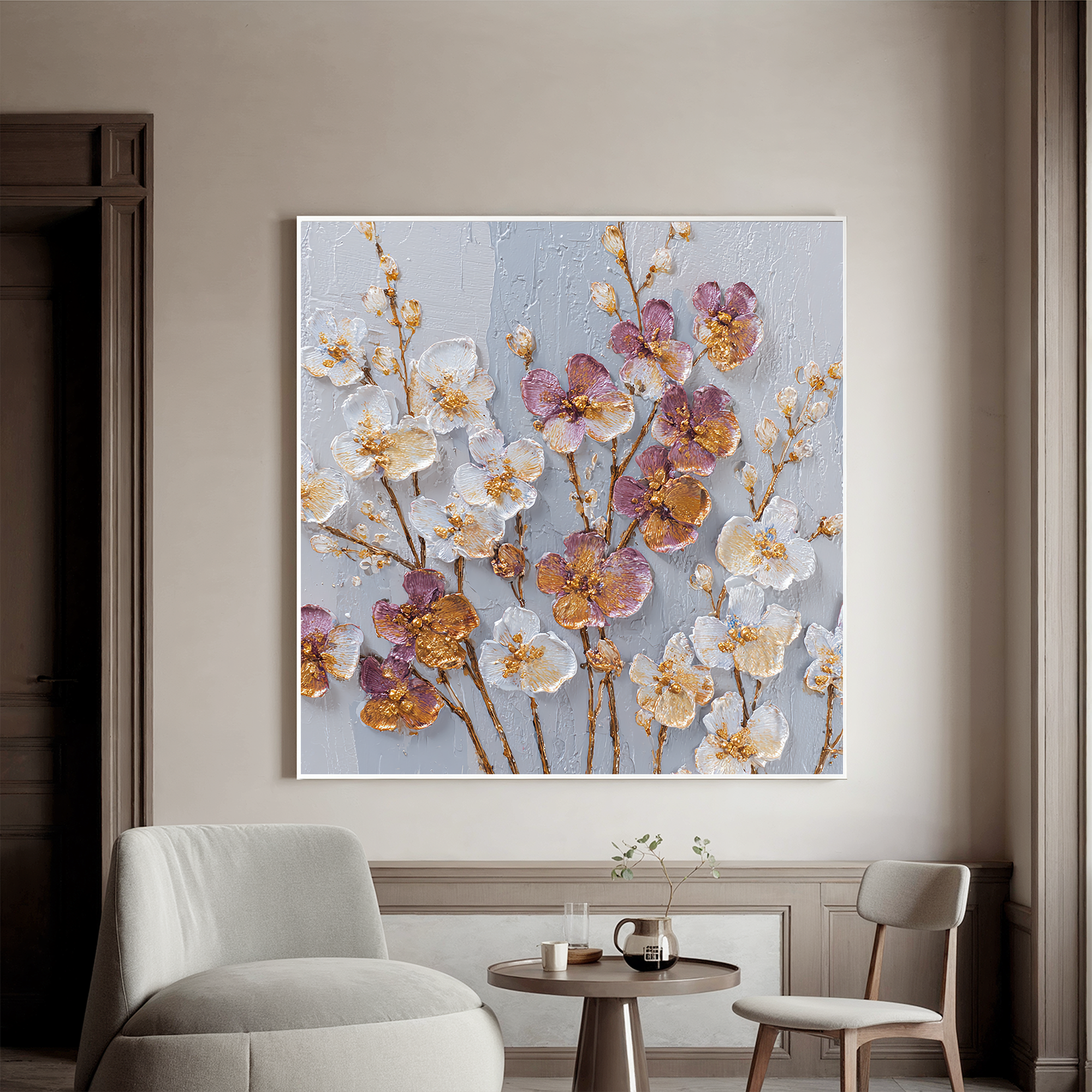 Luxury Floral Canvas Wall Art – White & Purple Flowers with Gold Texture for Elegant Home Decor#OA 0849