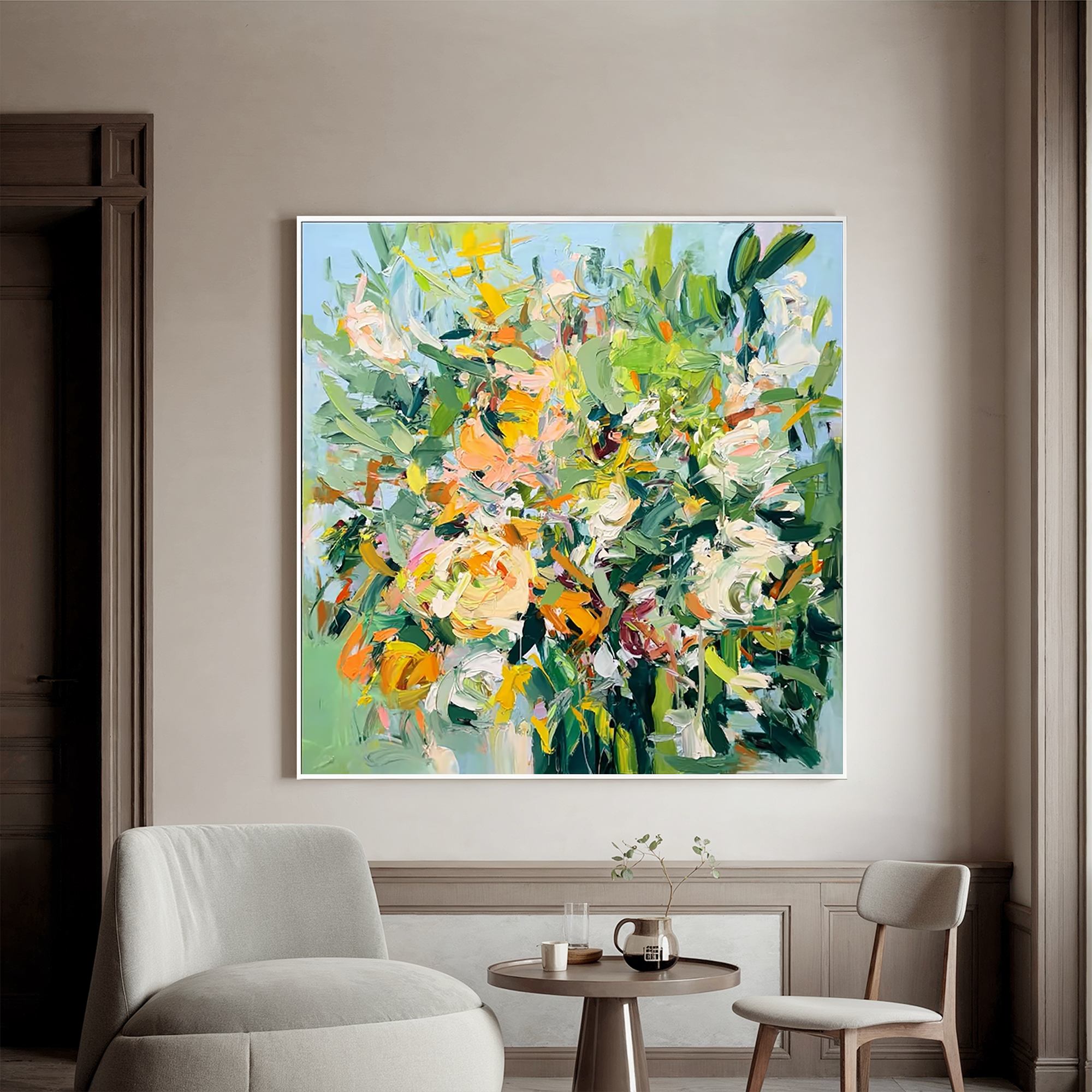 Colorful Abstract Floral Wall Art, Green and Pink Flower Canvas Painting for Living Room Décor #OA 0406