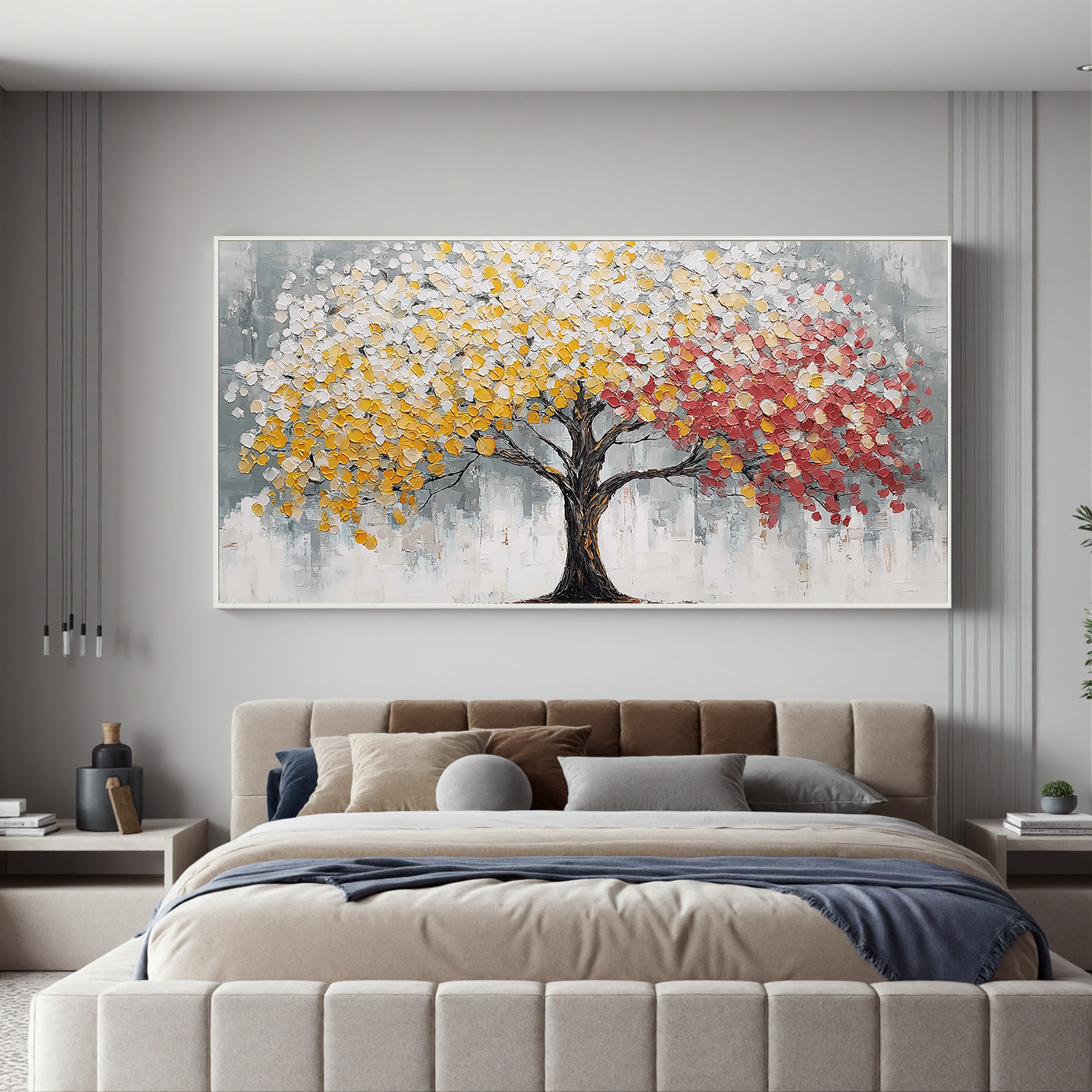 Dual Color Tree of Life Canvas Wall Art – Abstract Yellow and Red Textured Painting for Living Room#OA 0855
