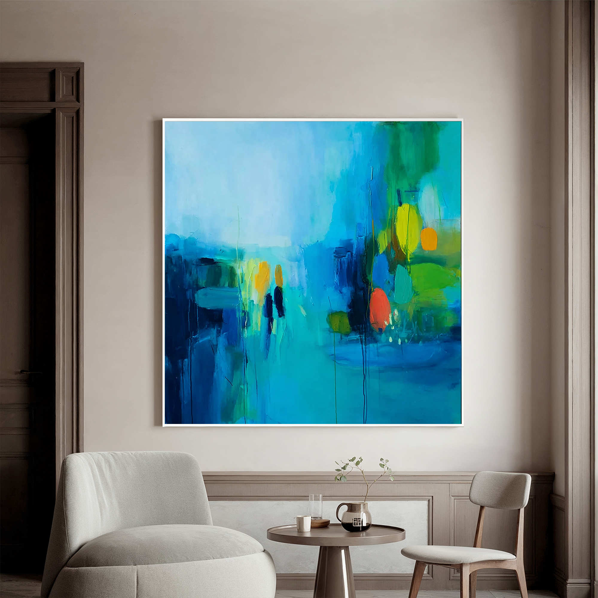 Abstract Blue Cityscape Oil Painting Canvas – Modern Figurative Wall Art for Living Room Contemporary Home Decor#OA 0500