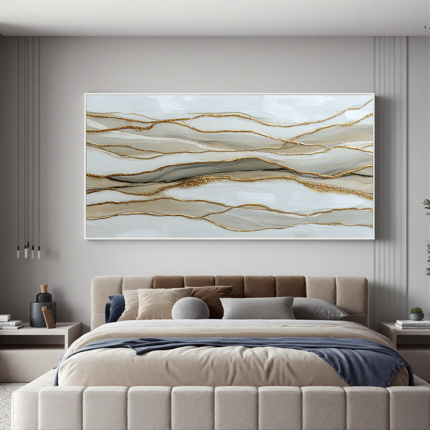 Large Horizontal Abstract Canvas Wall Art – Neutral Beige White and Gold Textured Painting for Modern Living Room Decor#OA 0870