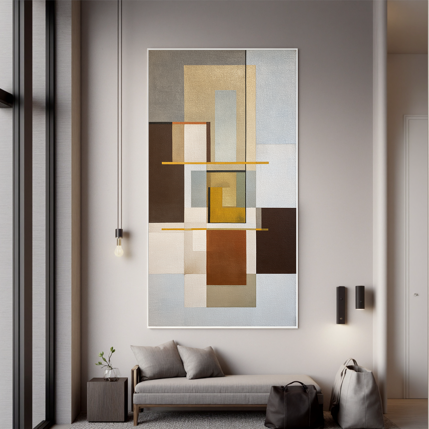Mid Century Modern Geometric Abstract Canvas Wall Art – Neutral Beige and Brown Vertical Painting for Living Room Decor#OA 0862