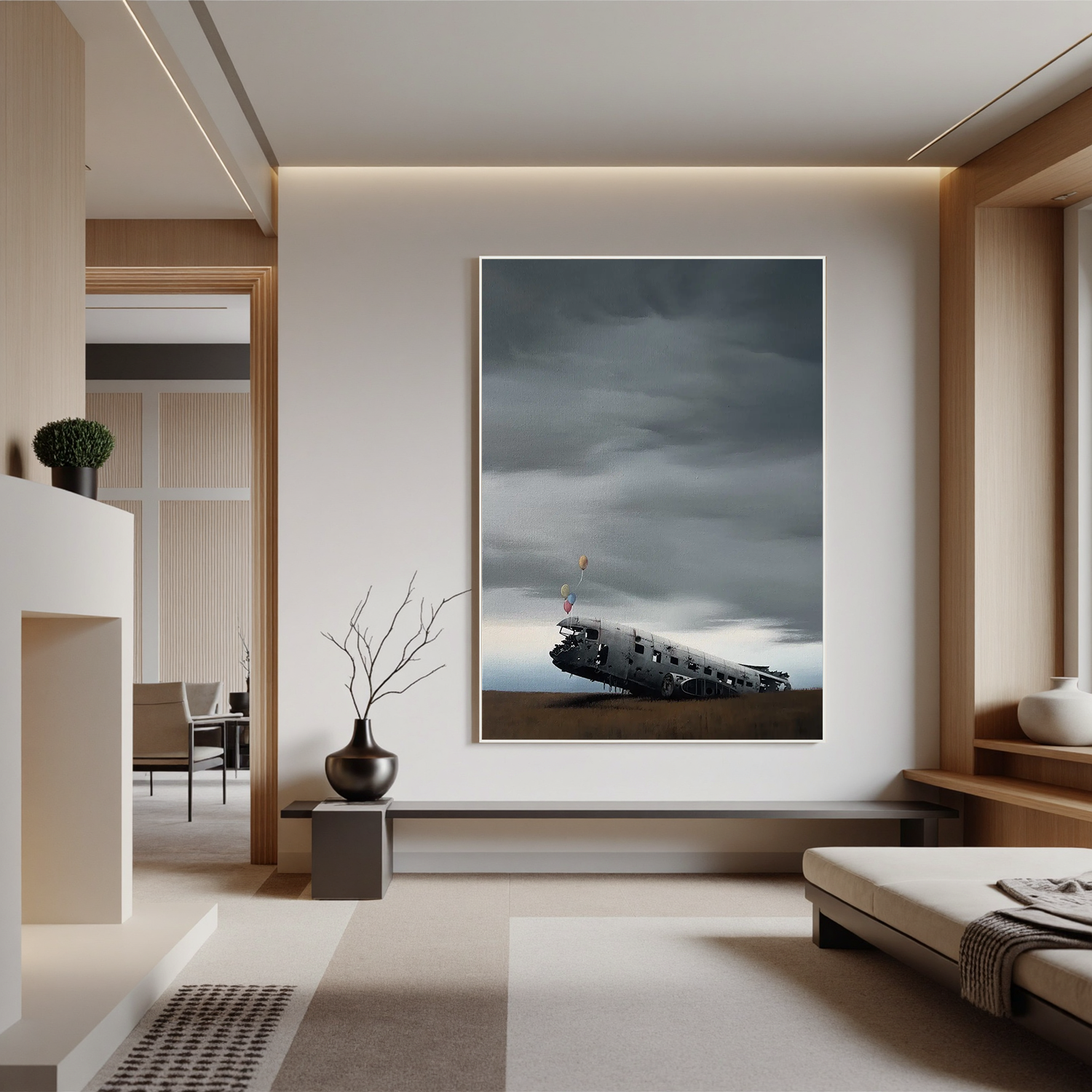 Surreal Airplane Wreck with Balloons Wall Art, Moody Landscape Canvas Painting for Modern Living Room Decor #OA 0761