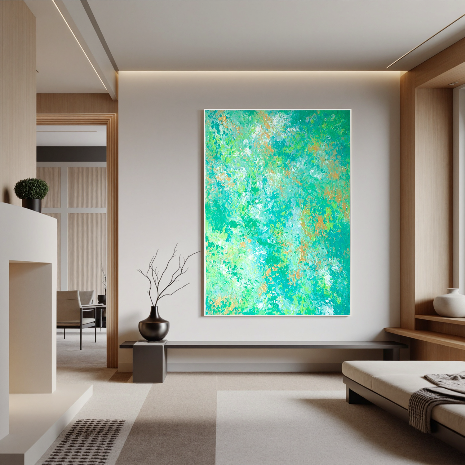 Green Abstract Oil Painting – Modern Textured Canvas Wall Art Inspired by Nature for Living Room Decor # OA 0821