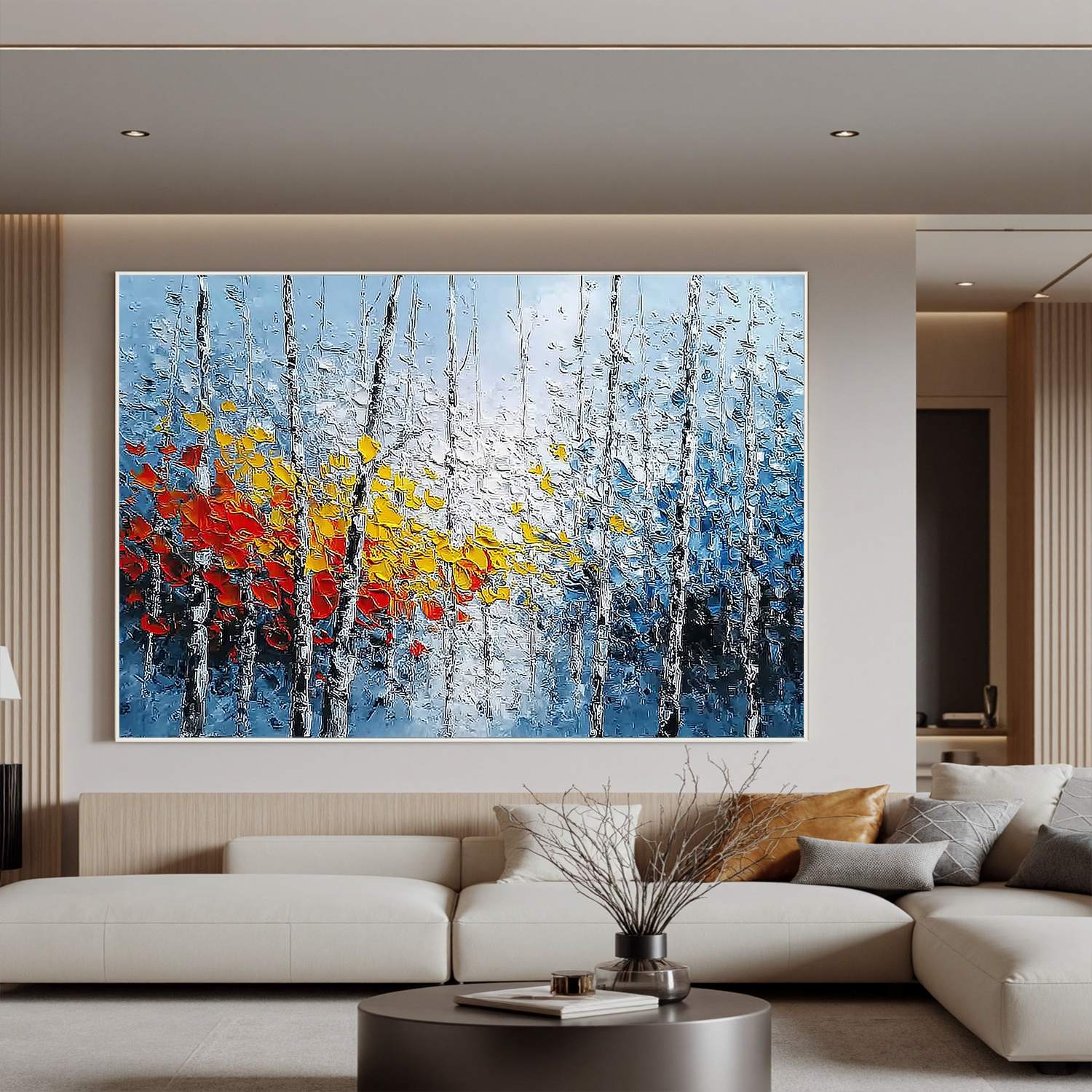 Blue Abstract Forest Wall Art, Colorful Textured Tree Canvas Painting for Living Room Décor #OA 0414