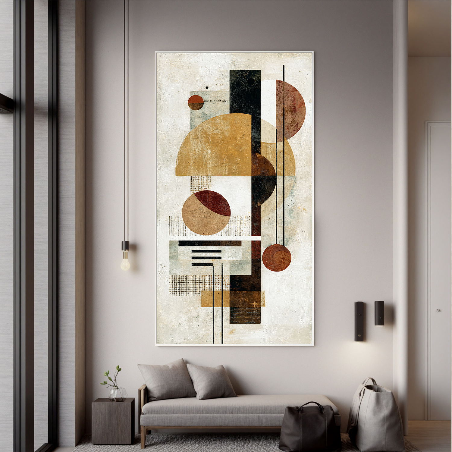 Mid Century Modern Geometric Abstract Canvas Wall Art – Neutral Beige and Rust Vertical Bauhaus Style Painting for Living Room Decor#OA 0863