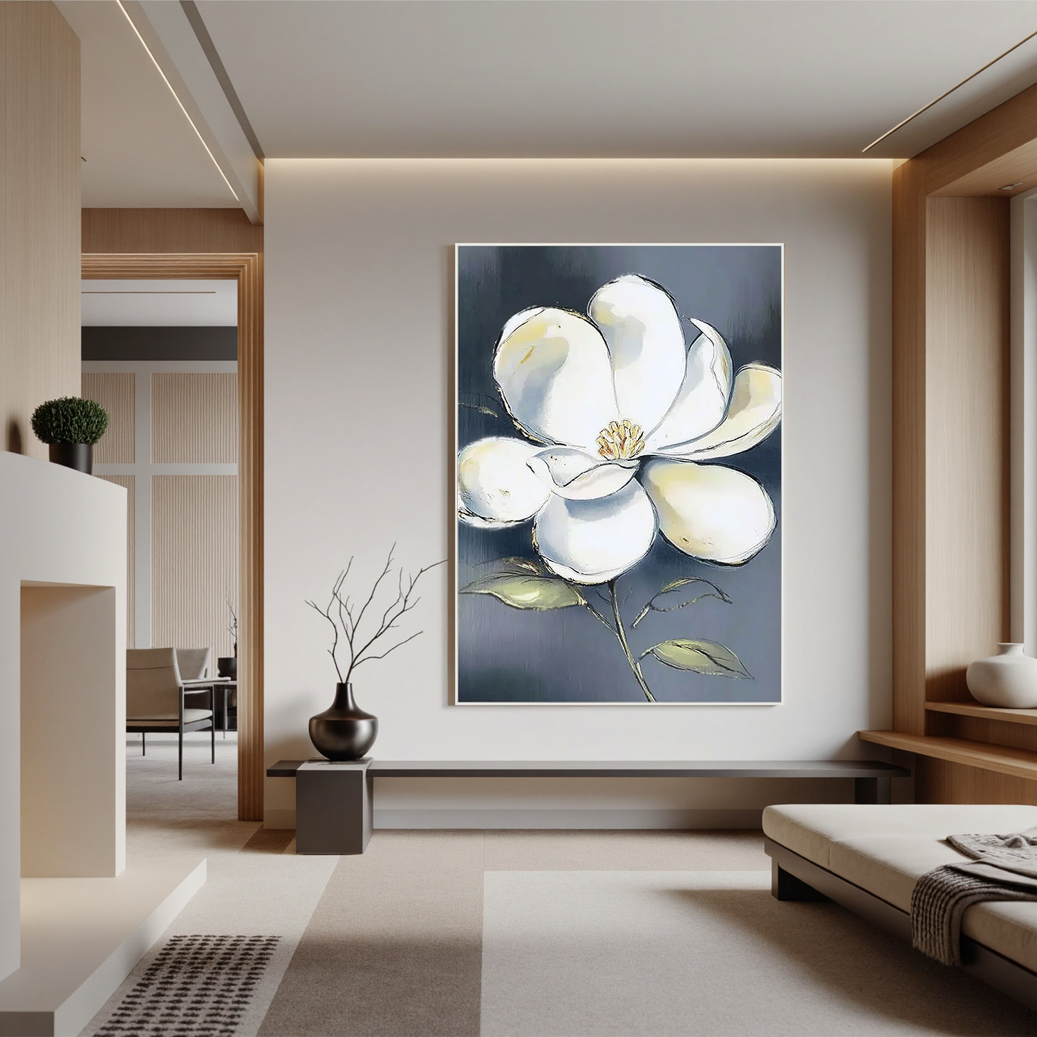 White Flower Oil Painting, Minimalist Floral Wall Art on Blue Gray Background for Living Room Decor#OA 0518