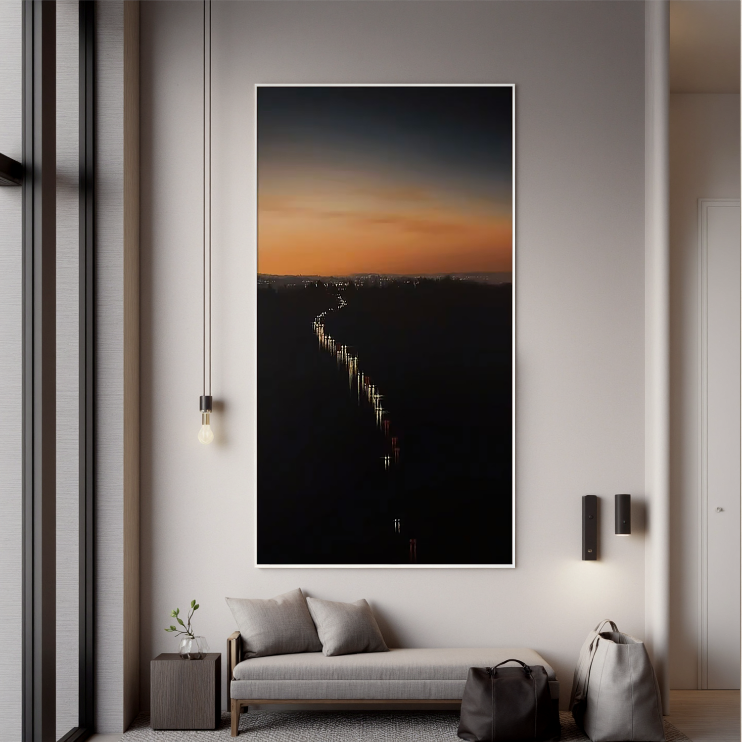 Sunset Cityscape Wall Art, Vertical Twilight Skyline Canvas with Winding Highway Lights for Modern Living Room Decor #OA 0727