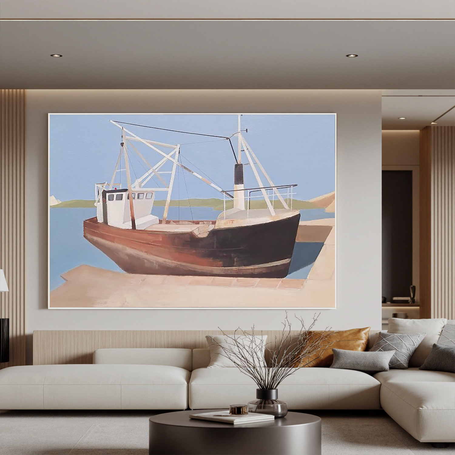 Harbor Fishing Boat-Coastal Fishing Boat Landscape Wall Art