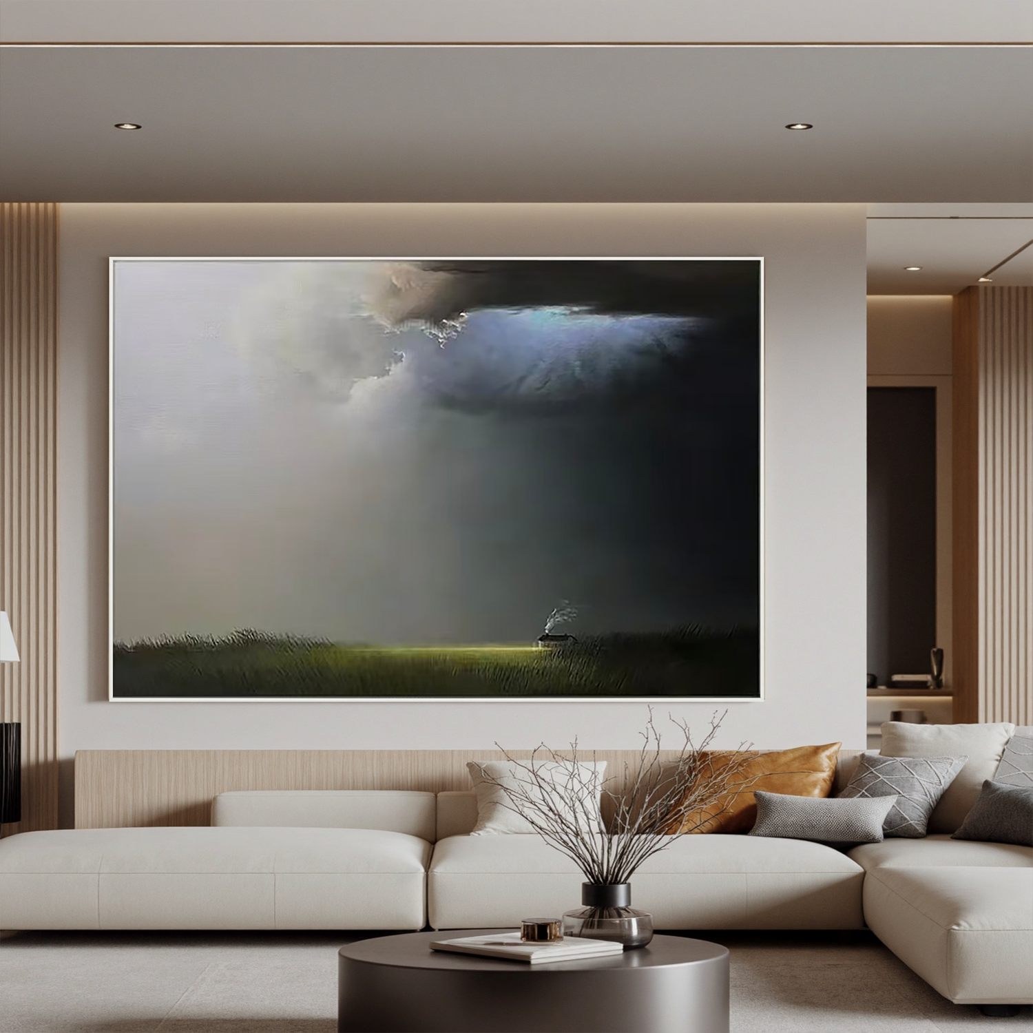 Dramatic Sky Landscape Wall Art, Moody Cloud and Light Canvas Painting with Solitary Cabin for Living Room Decor #OA 0726