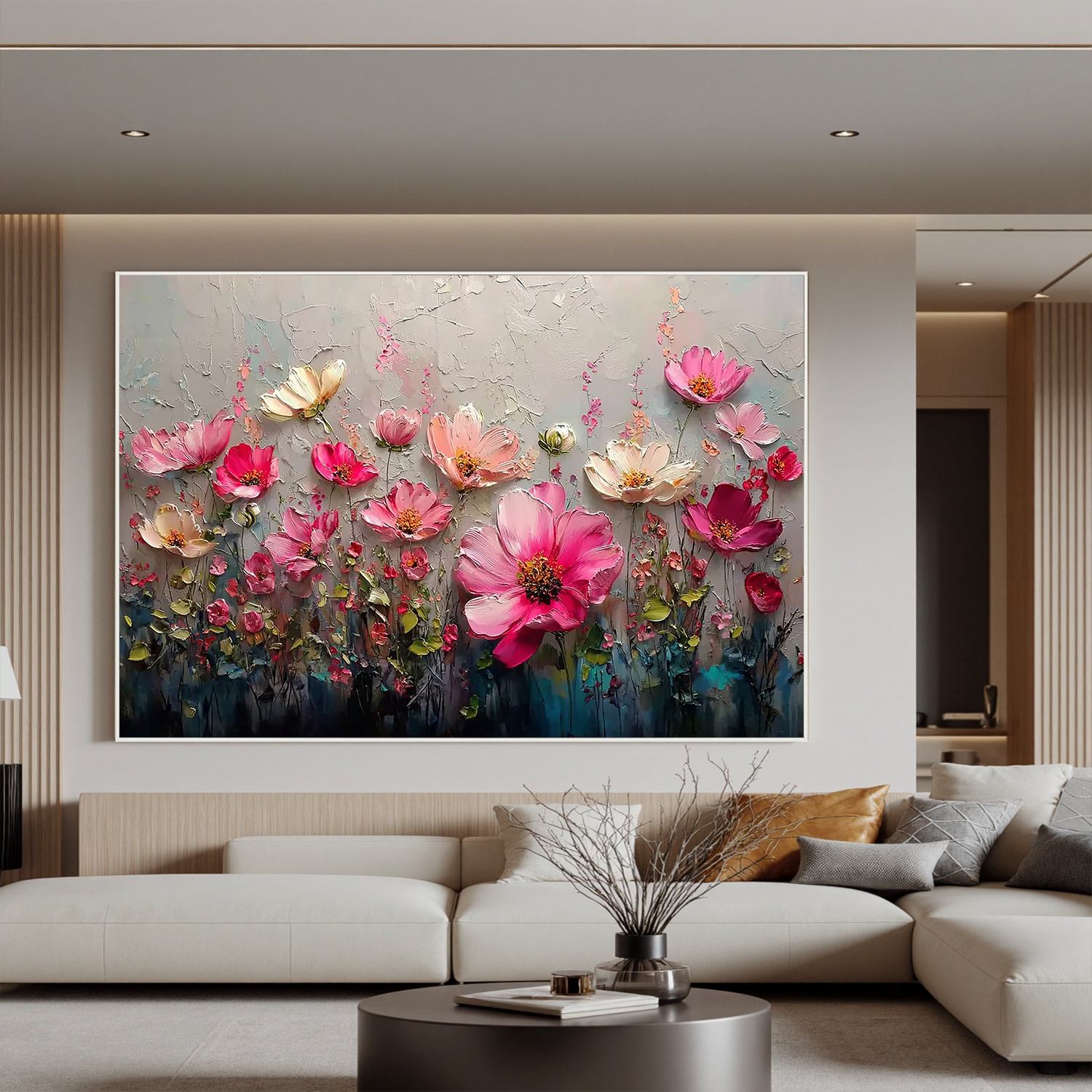 Pink Floral Wall Art, Textured Flower Garden Canvas Painting for Living Room Décor #OA 0409