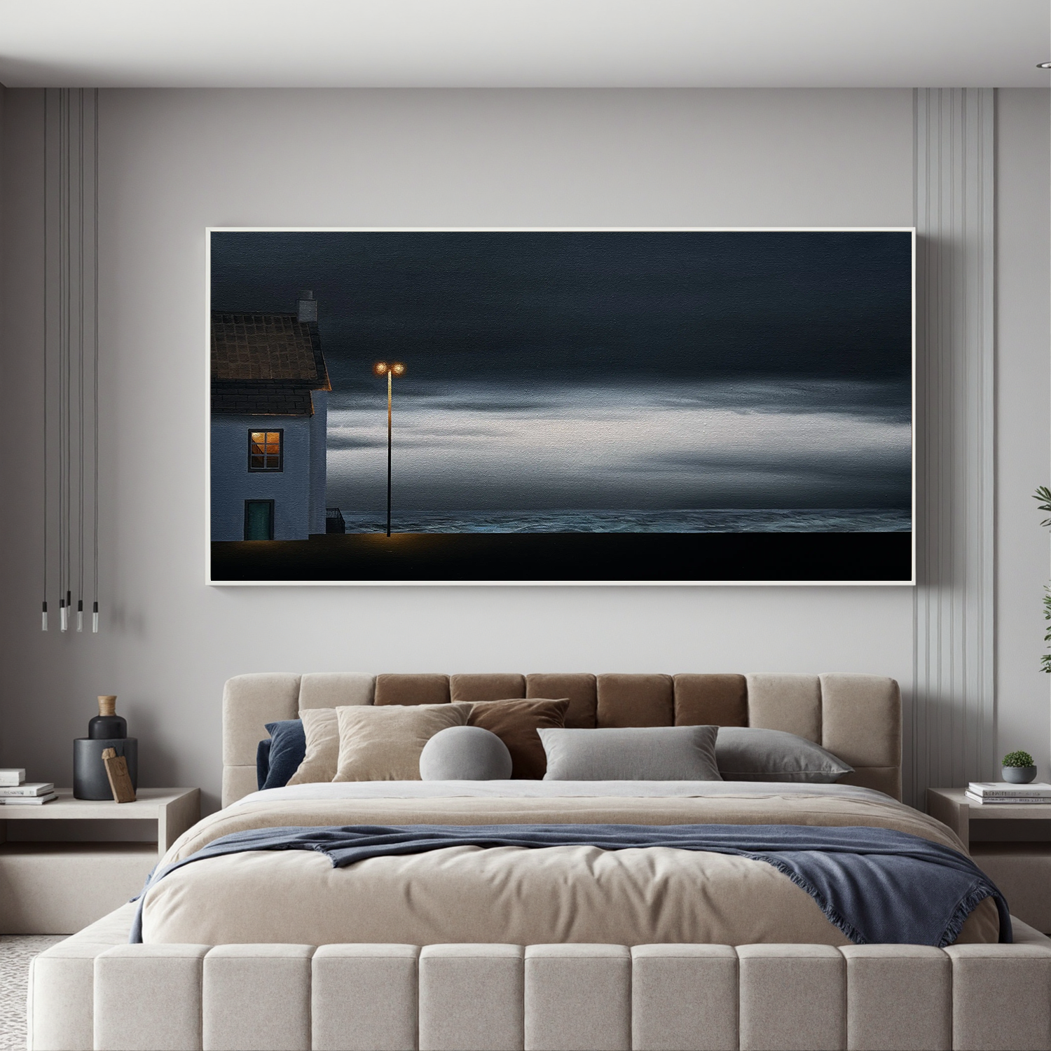 Moody Coastal Night Wall Art with Lonely House and Streetlight, Panoramic Seascape Canvas for Living Room Decor #OA 0735