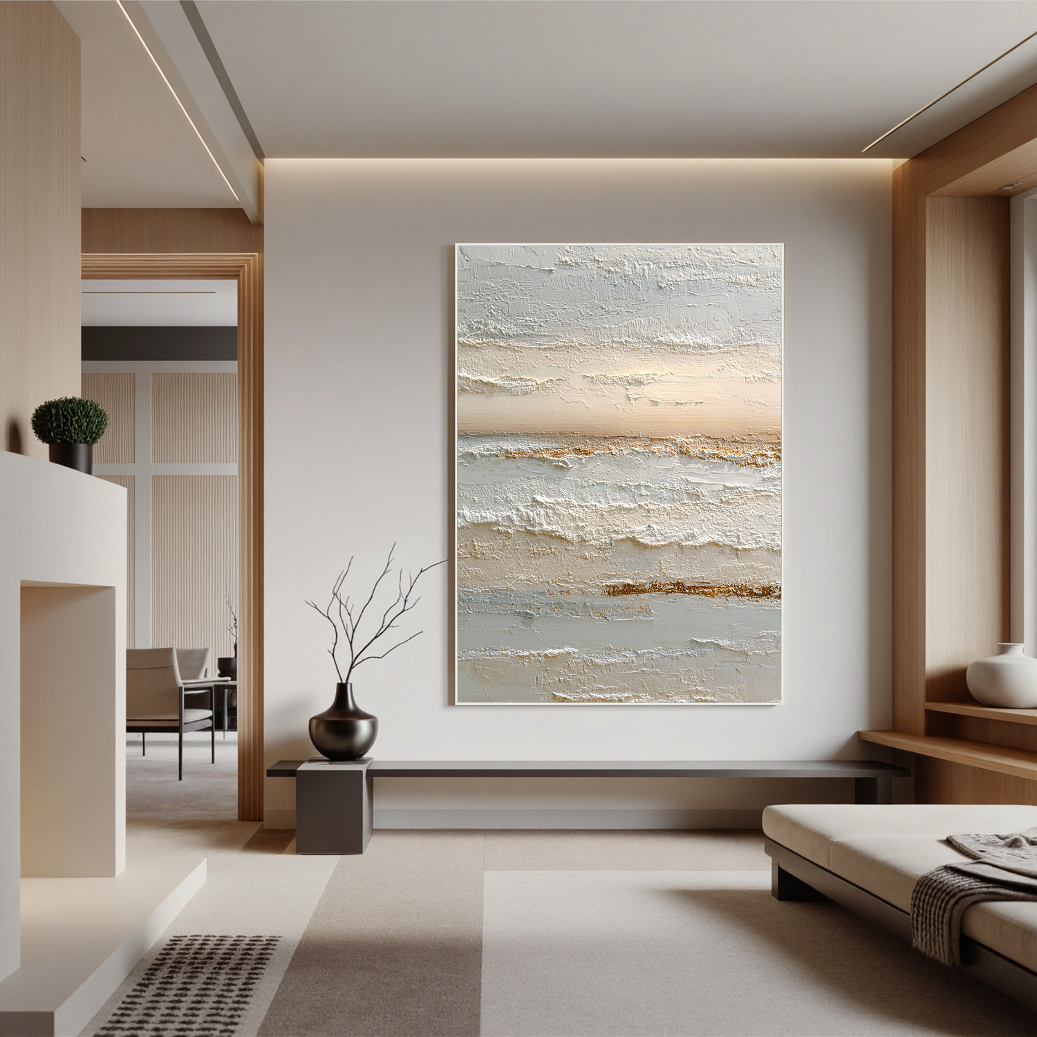Neutral Abstract Canvas Wall Art – Textured Minimalist Painting in Cream and Beige for Living Room Decor#OA 0856
