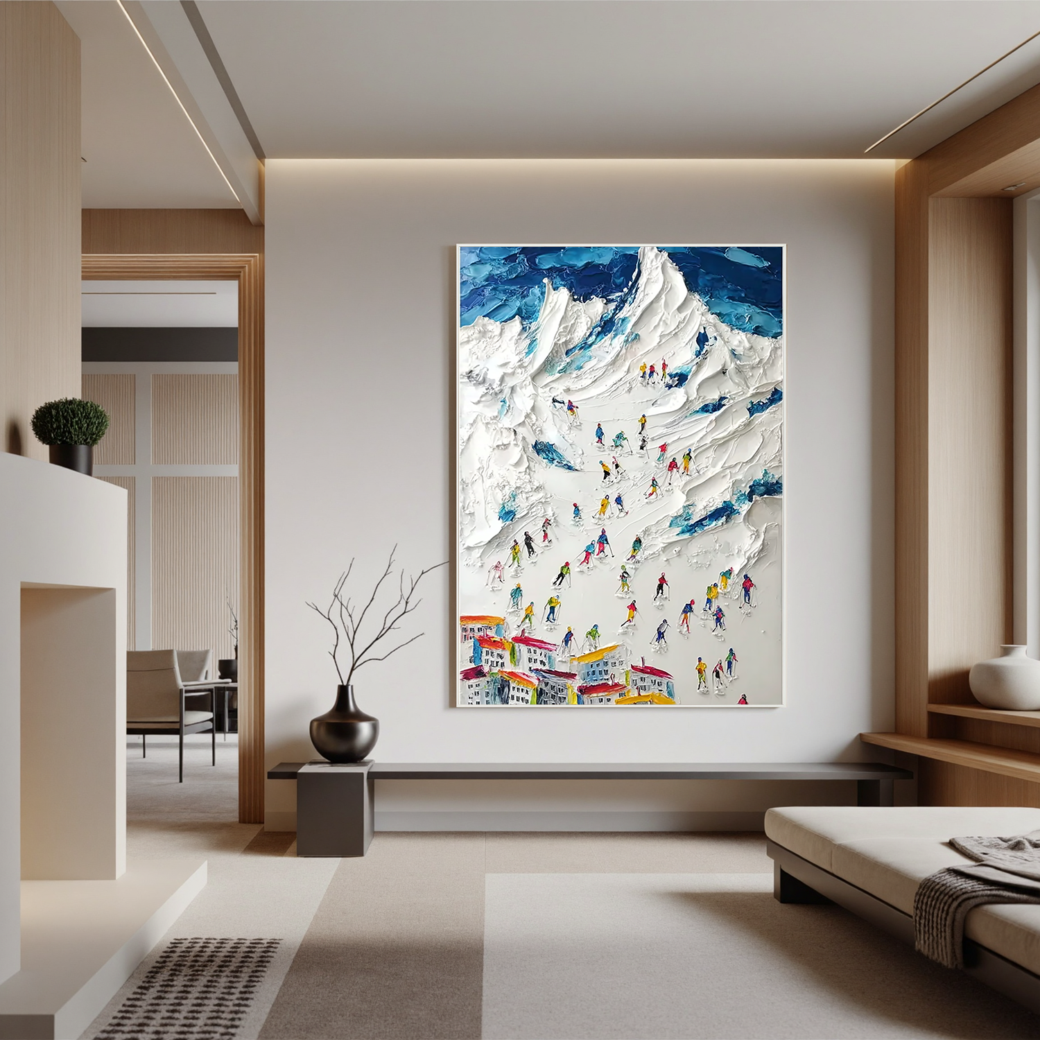 Large Textured Ski Mountain Oil Painting, Snowy Alpine Wall Art for Living Room Decor #OA 0546