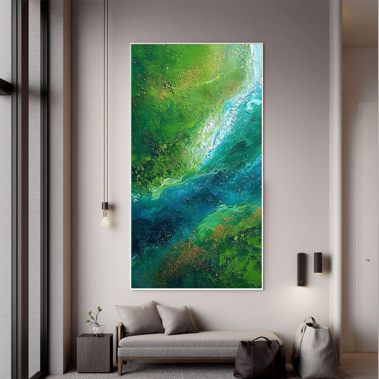Green and Blue Abstract Oil Painting, Textured Nature Wall Art for Living Room Decor #OA 0599