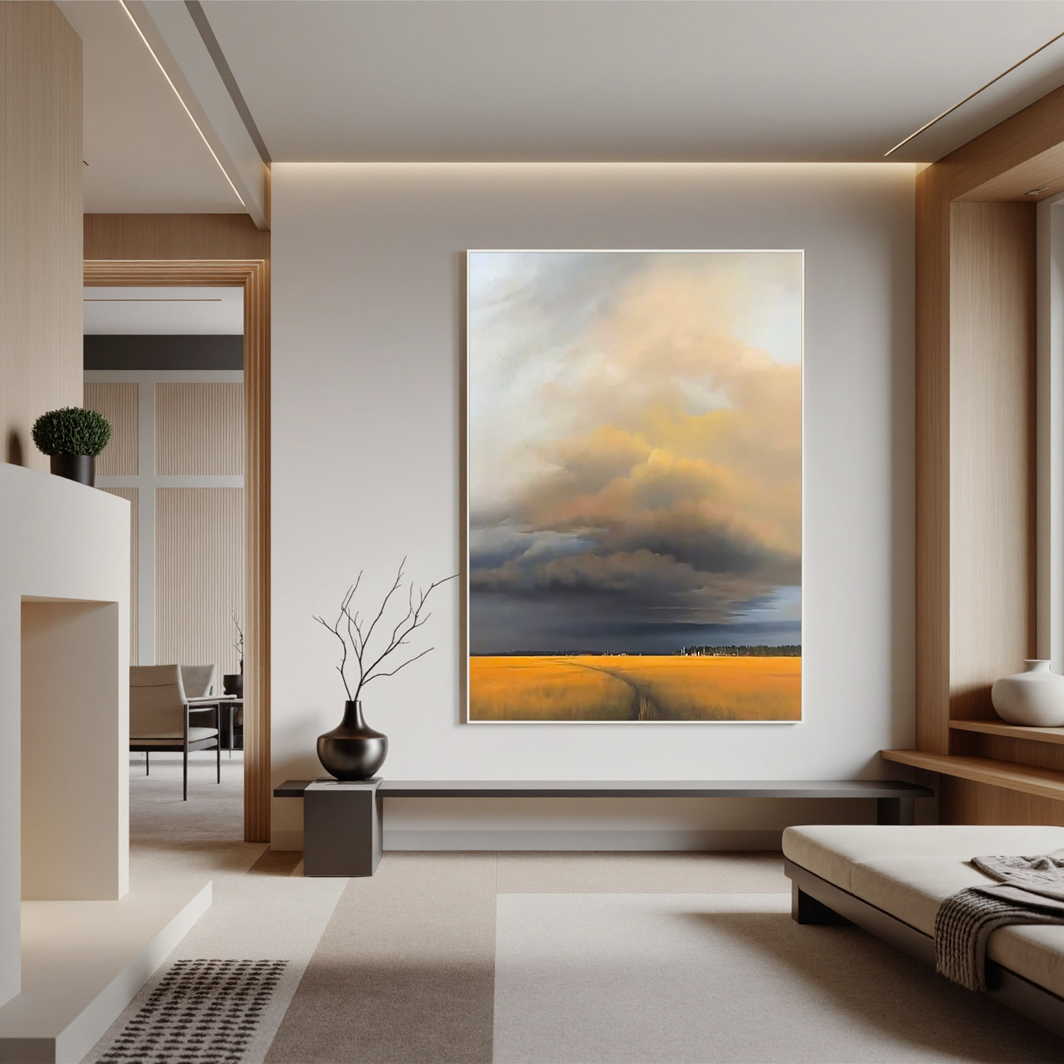 Dramatic Sky Over Golden Wheat Field Wall Art, Rustic Countryside Landscape Canvas Painting for Living Room Decor #OA 0728