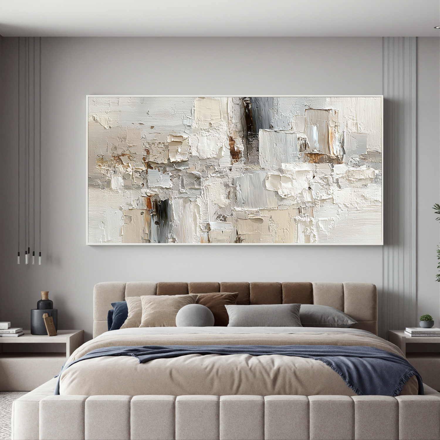 Large Neutral Textured Abstract Canvas Wall Art – Horizontal Impasto Painting in Cream White for Modern Living Room Decor#OA 0880