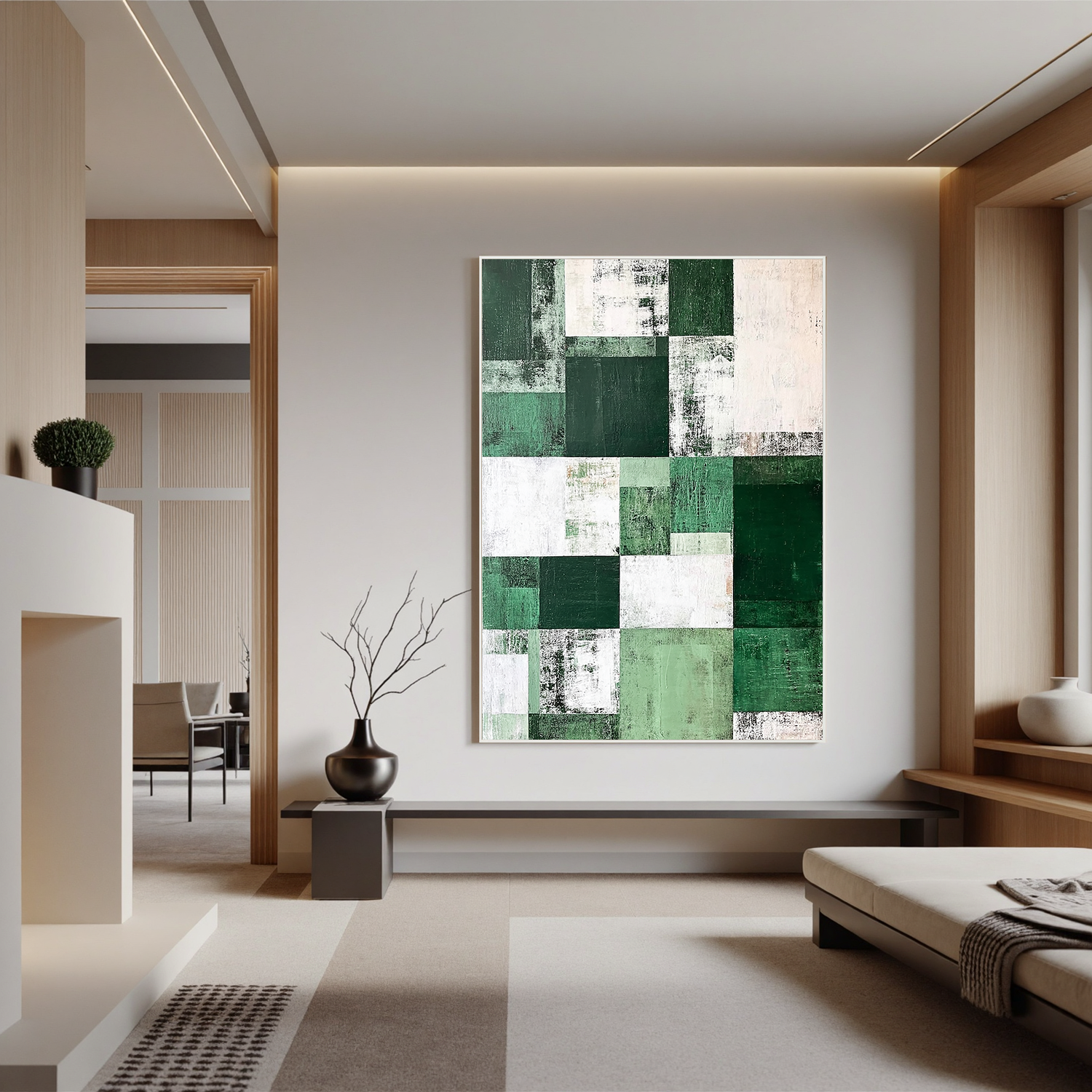 Green and White Abstract Oil Painting, Minimalist Geometric Wall Art for Living Room Decor#OA 0567