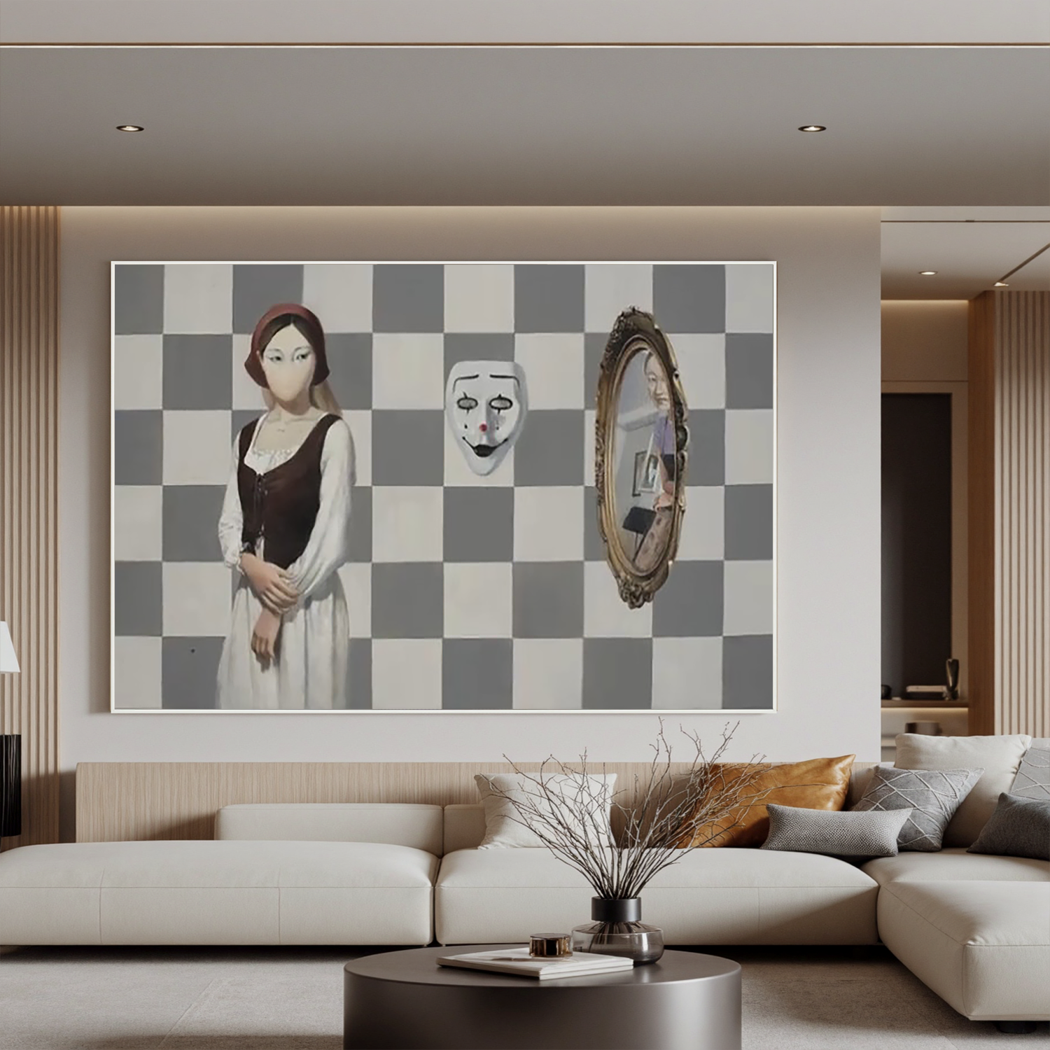 Girl, Mask and Mirror-Surreal Girl Mask Mirror Wall Art
