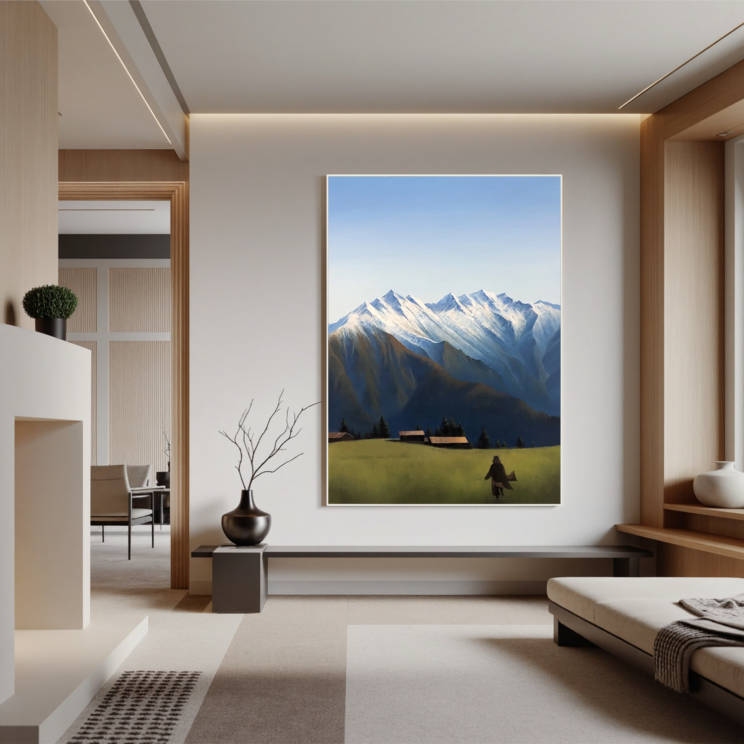 Snow-Capped Mountain Landscape Wall Art, Alpine Meadow with Cabins Canvas Painting for Living Room Decor #OA 0766