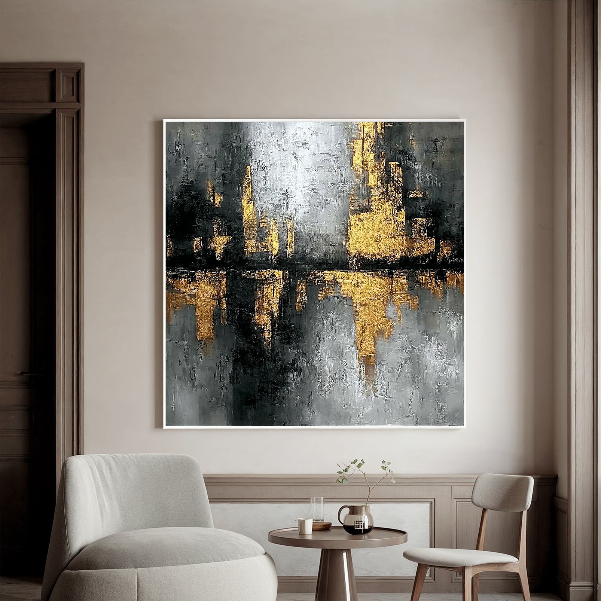 Black and Gold Abstract Cityscape Wall Art, Luxury Textured Canvas Painting for Modern Living Room Décor #OA 0410