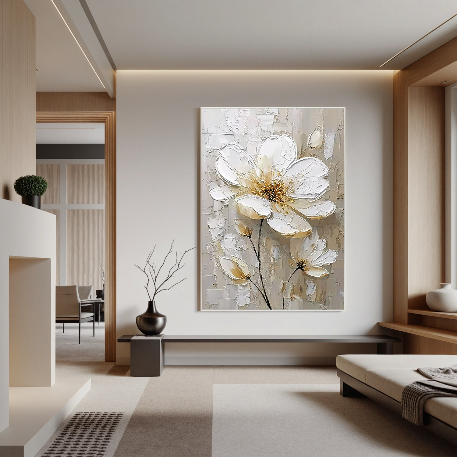White Floral Oil Painting, Textured Gold Flower Wall Art for Living Room Decor#OA 0584