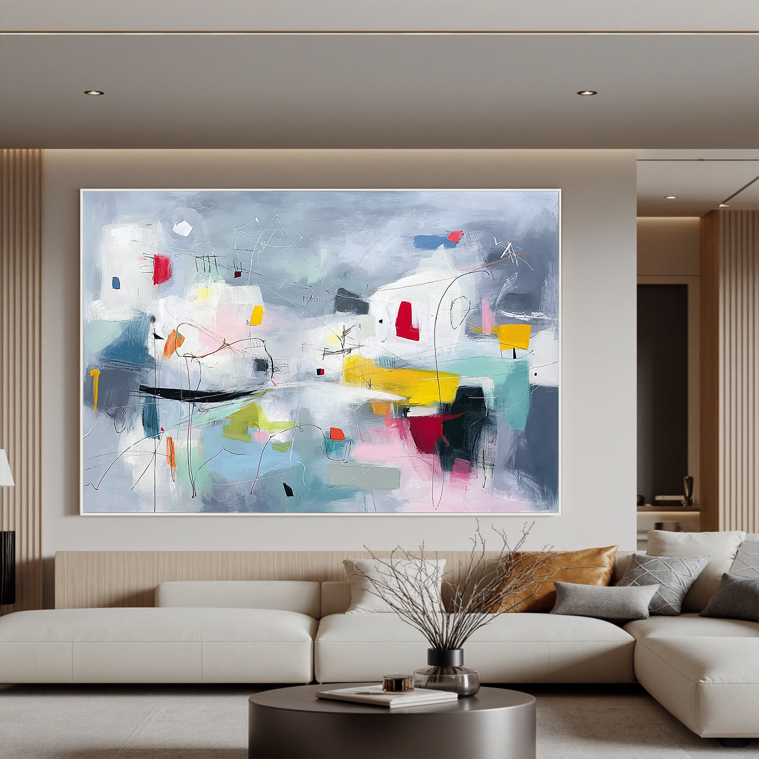 Abstract Grey Blue Oil Painting Canvas – Minimalist Modern Wall Art for Living Room Contemporary Home Decor#OA 0492