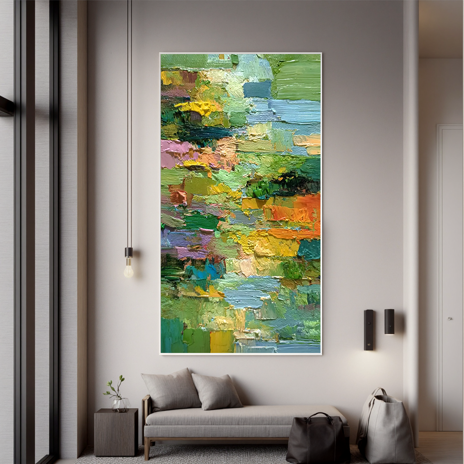 Green Abstract Landscape Oil Painting, Textured Nature Wall Art for Living Room Decor#OA 0601