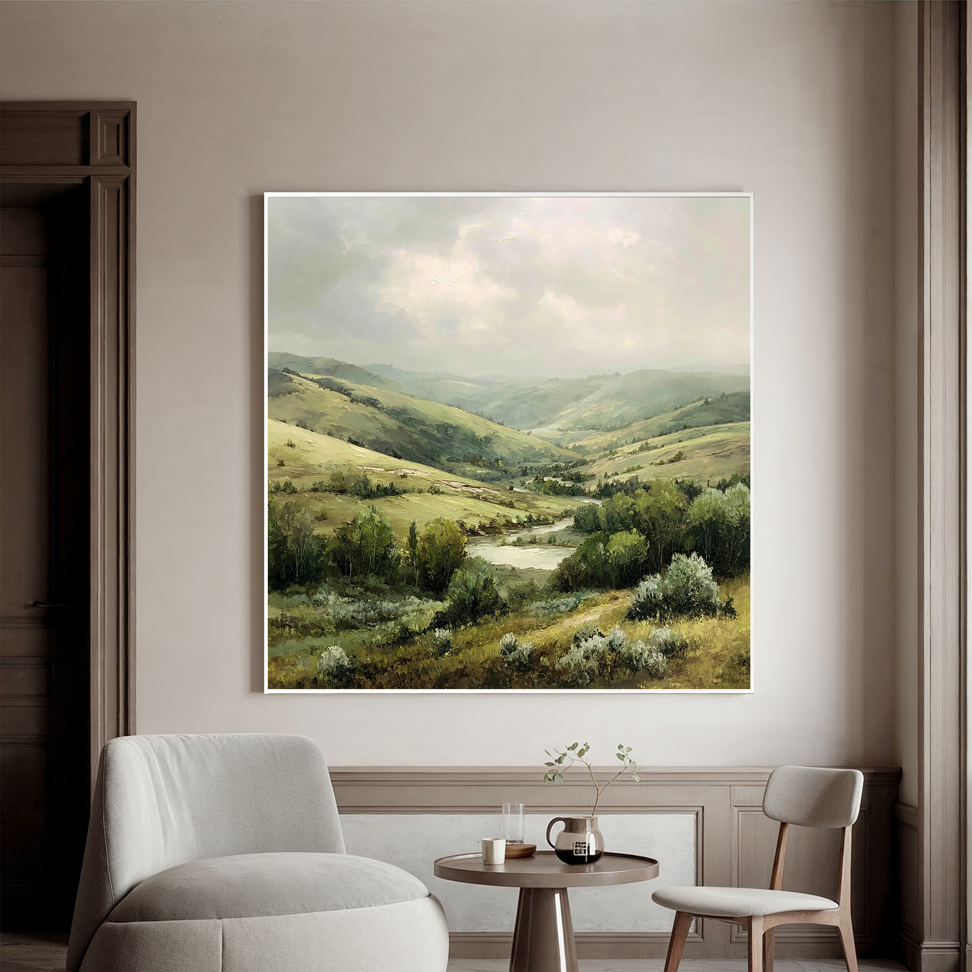 Serene Valley Landscape Canvas Wall Art – Rolling Hills River Nature Painting for Living Room Decor#OA 0868