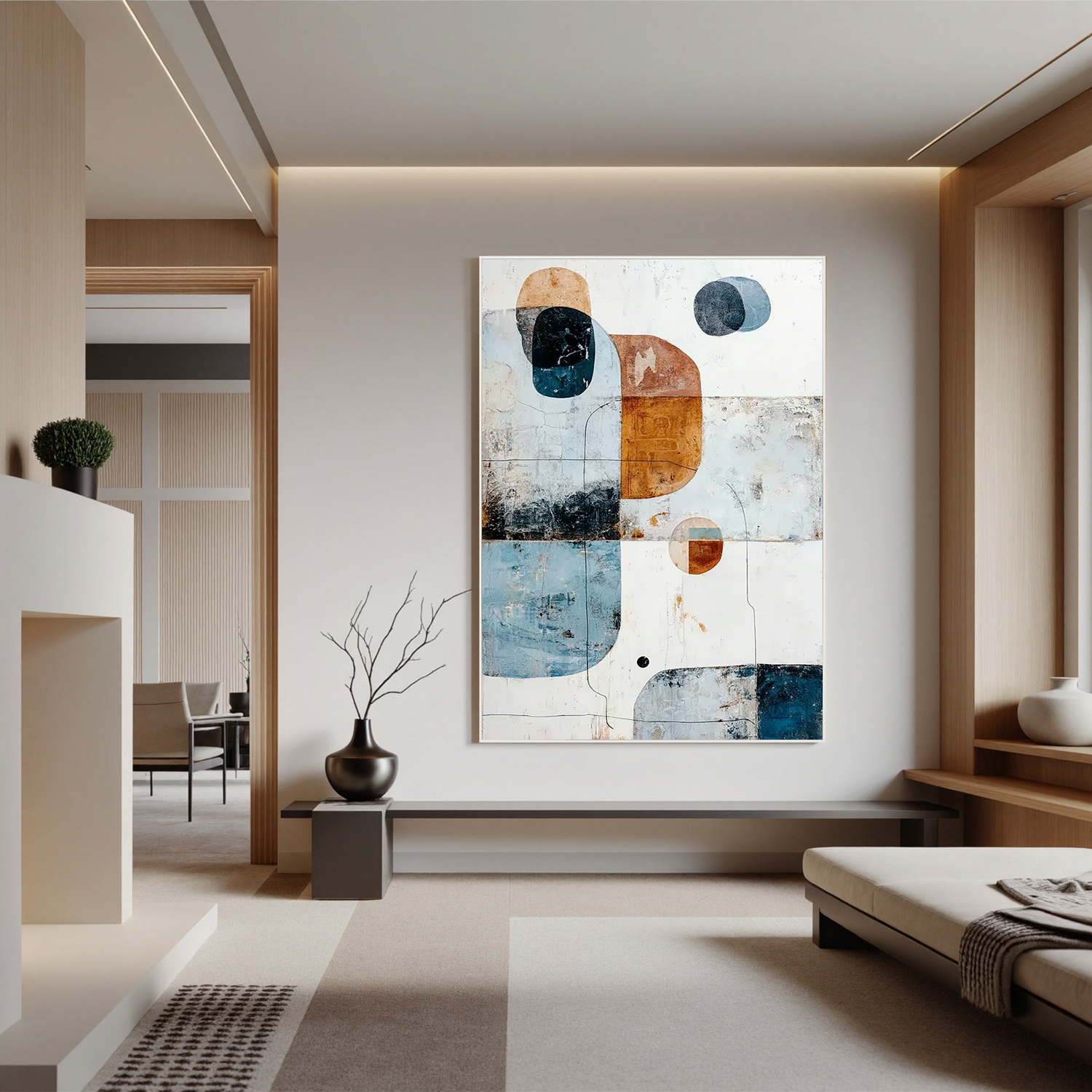 Modern Geometric Abstract Oil Painting, Blue and Rust Wall Art for Living Room Decor#OA 0583