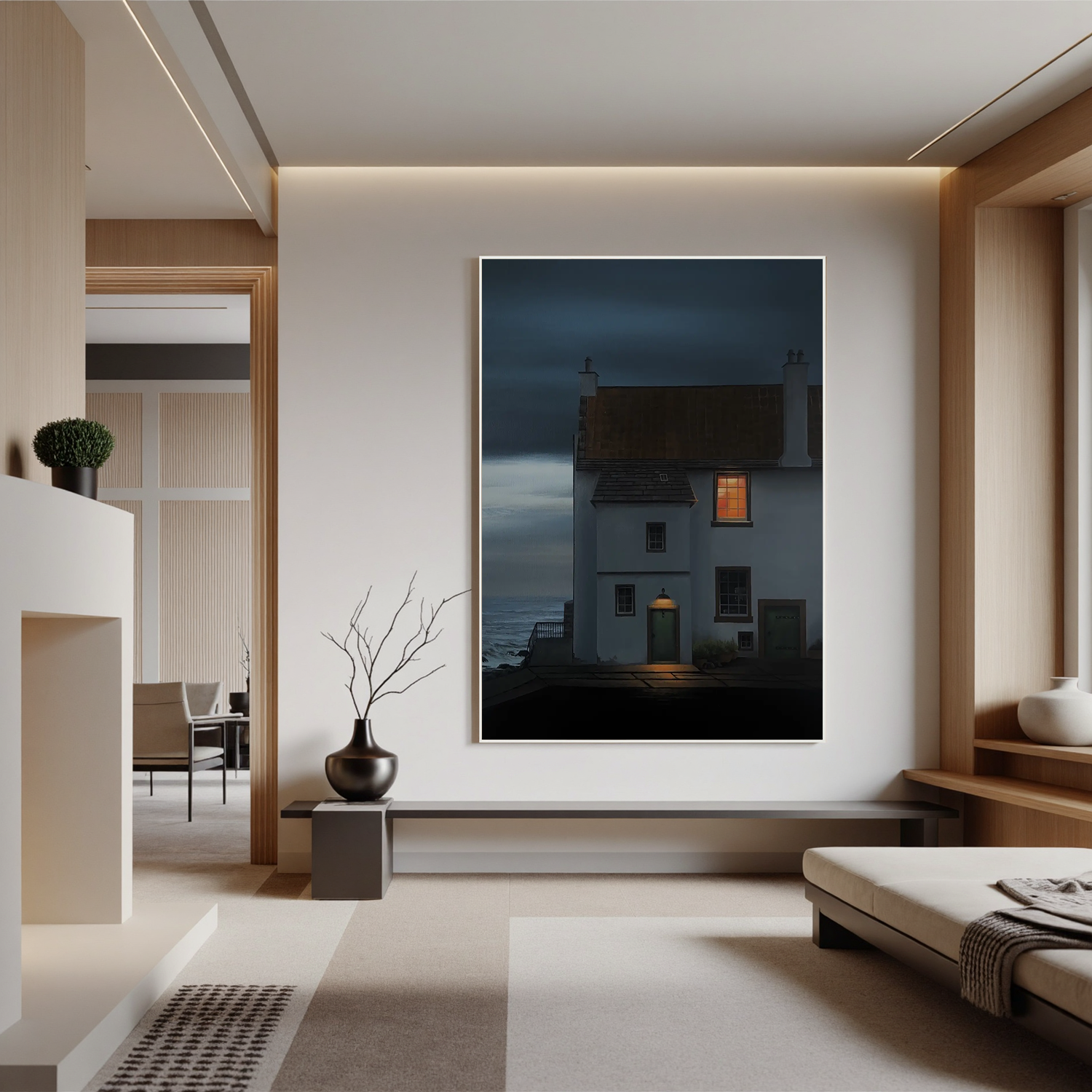 Coastal Cottage at Night Wall Art, Moody Seaside House with Warm Window Light Canvas for Living Room Decor #OA 0752