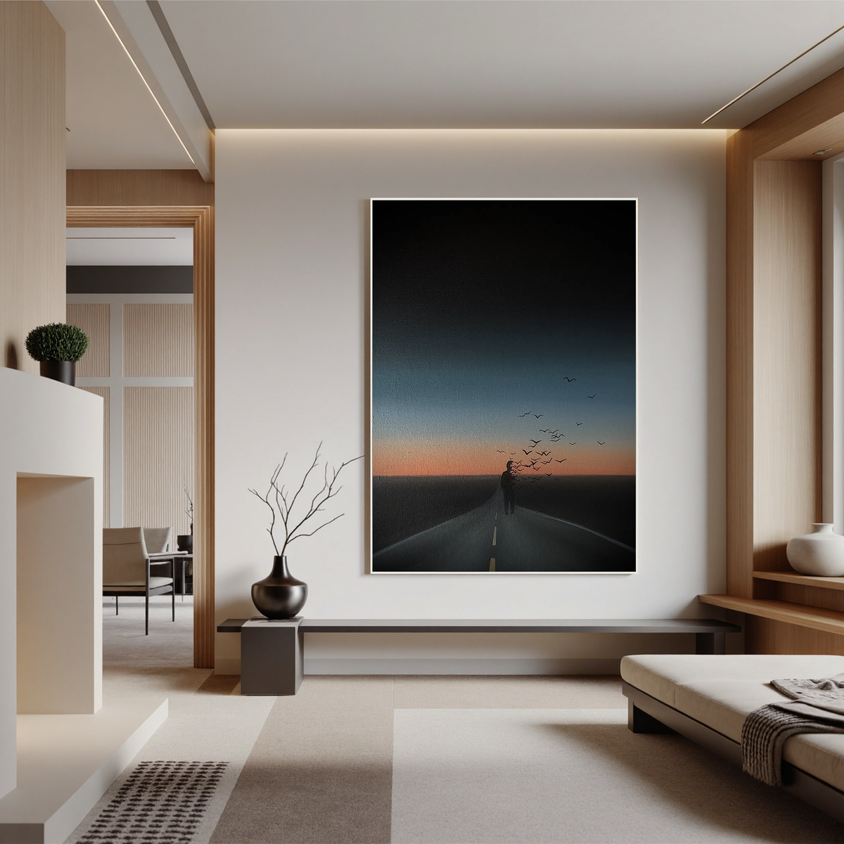 Surreal Lonely Road Wall Art with Flying Birds, Sunset Silhouette Landscape Canvas for Modern Living Room Decor #OA 0749